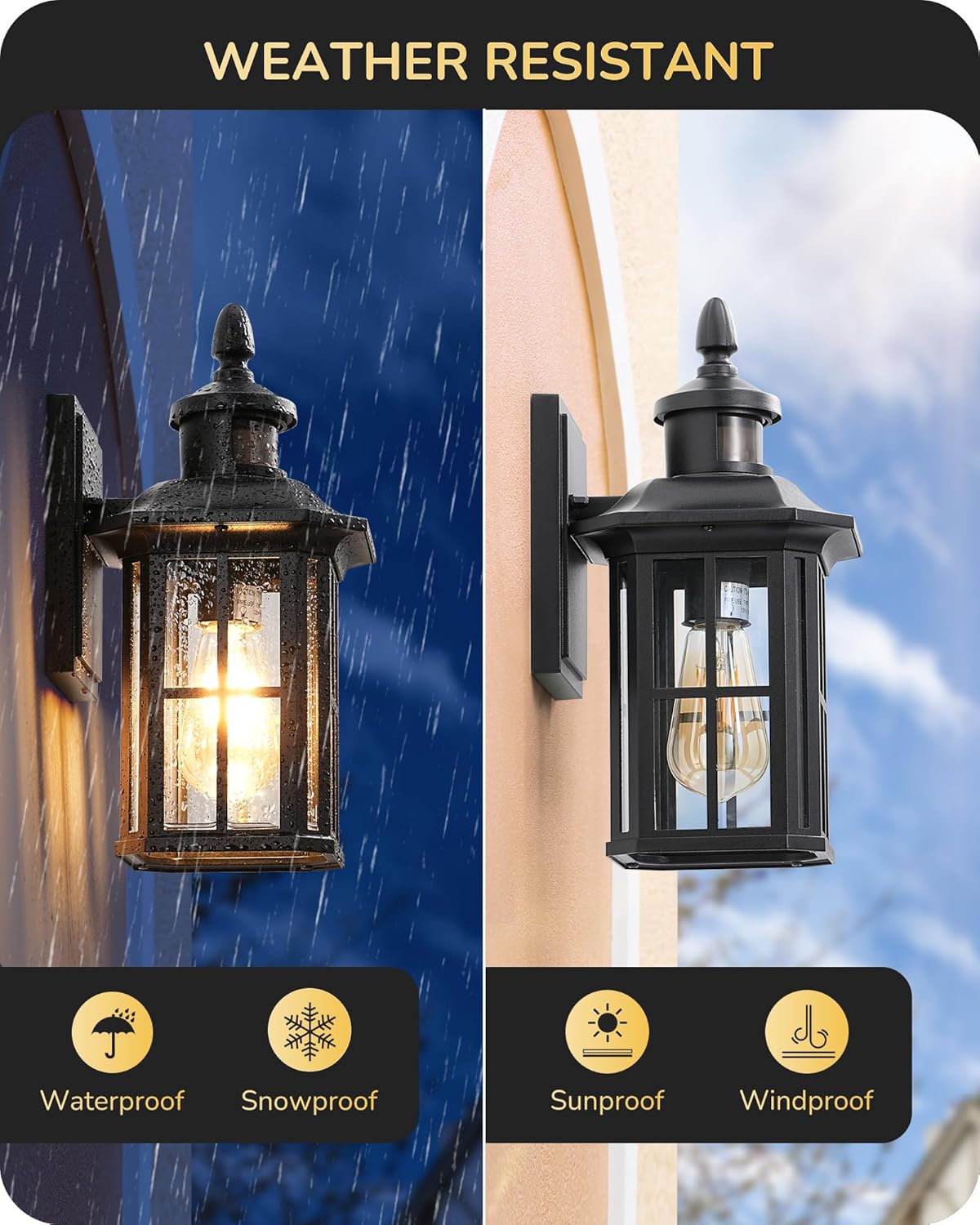 EDISHINE Motion Sensor Outdoor Wall Light, Dusk to Dawn Front Porch Light Fixture, Outdoor Wall Sconce with Clear Glass, Black Exterior Wall Lantern for Door, Garage, Patio, House