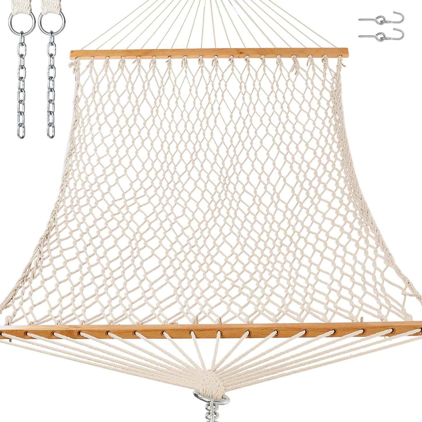 GAFETE 12ft Double Hammocks for Outside, Handwoven Traditional Cotton Rope 2 Person Hammock with Hardwood Spreader Bar, Chains & Hooks for Indoor Outdoor, Max 450 lbs Capacity (Natural Beige, Medium)