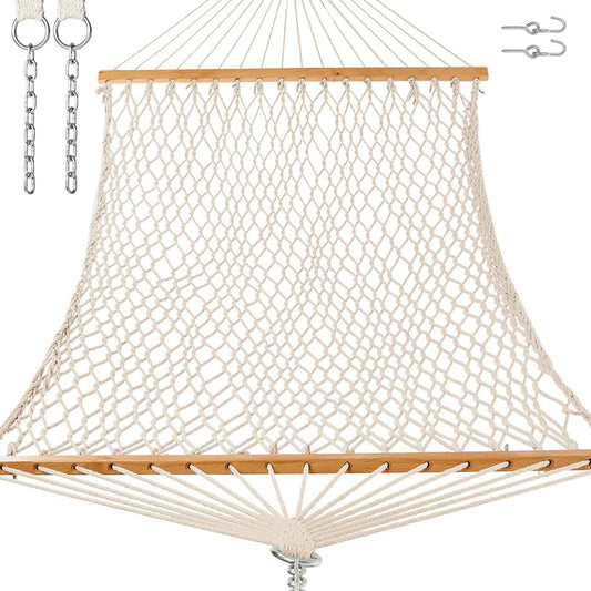 GAFETE 12ft Double Hammocks for Outside, Handwoven Traditional Cotton Rope 2 Person Hammock with Hardwood Spreader Bar, Chains & Hooks for Indoor Outdoor, Max 450 lbs Capacity (Natural Beige, Medium)