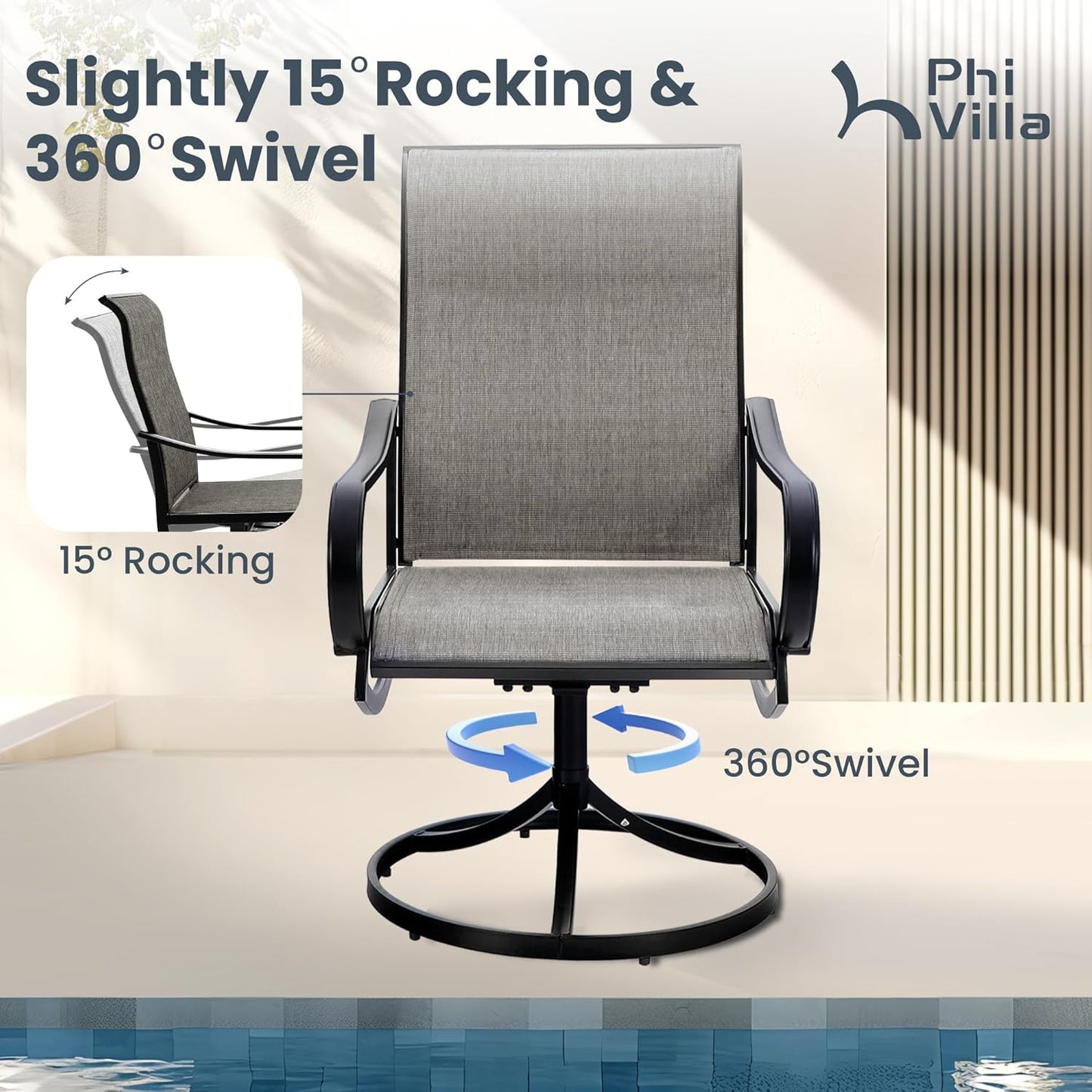 PHI VILLA Patio Dining Table and Chairs, 6 Swivel Dining Chairs with Armrest, Brown Metal Slat Table Top with 1.6" Umbrella Hole, Rustproof E-Coating for All Weather