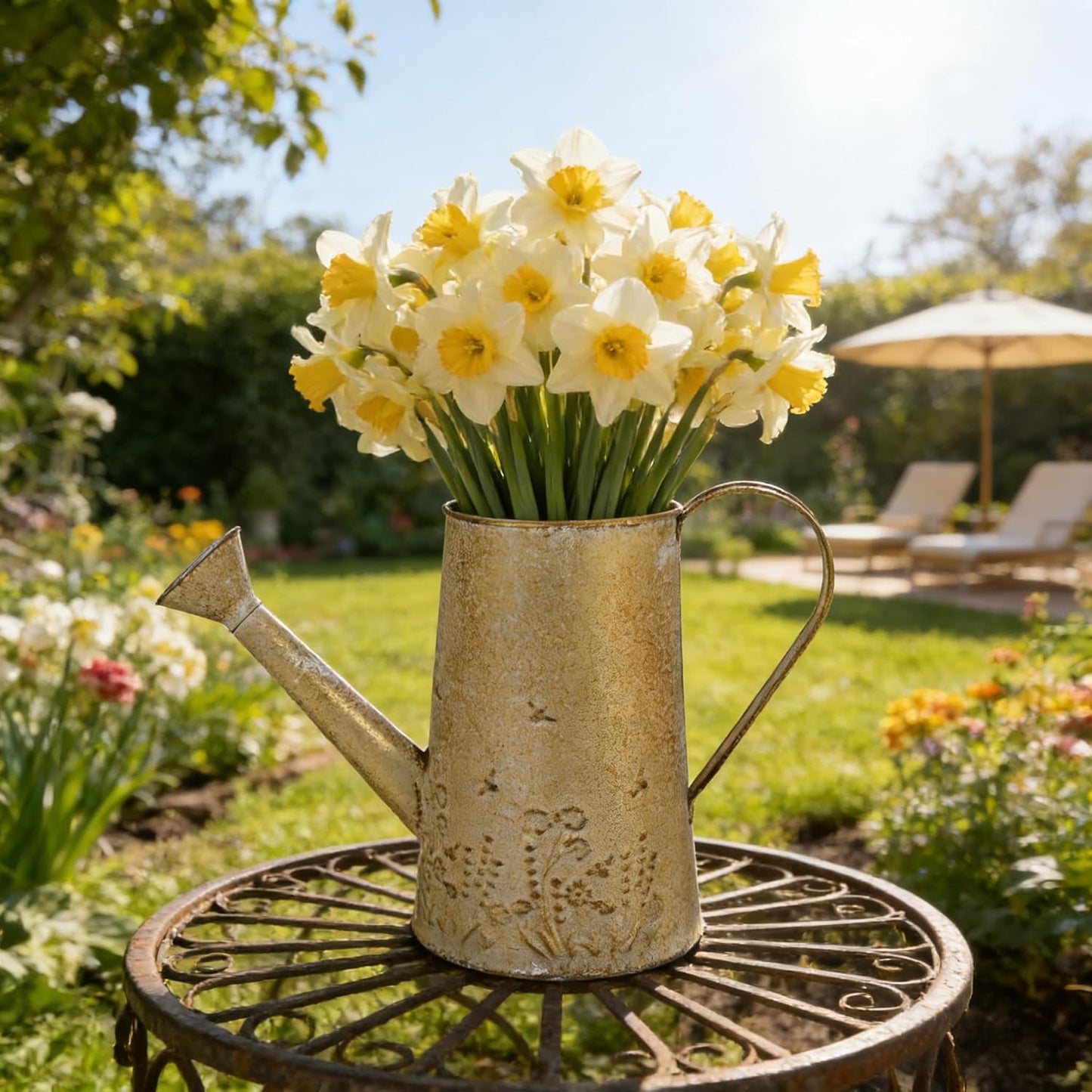 Vintage Metal Watering Can with Floral Embossed Design Garden Distressed Gold Decorative Watering Pot Planter Farmhouse Waterer for Home Indoor Outdoor Garden Balcony Courtyard