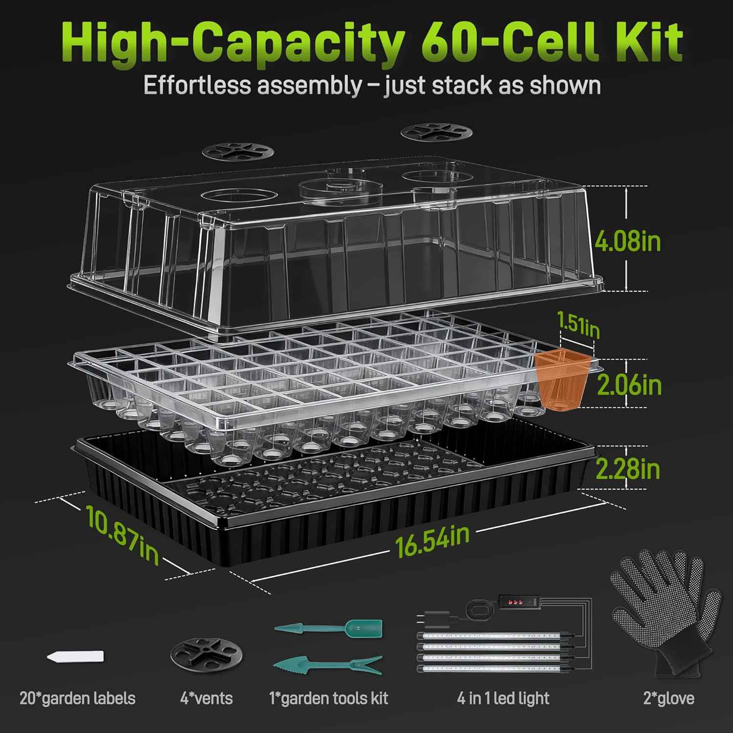 Mulctun 120-Cell Seed Starter Tray with Grow Light, Seedling Starter Trays with 4.08" Humidity Dome, Self-Watering Plant Germination Trays,Seed Starter Kit for Seeds Growing (Black)