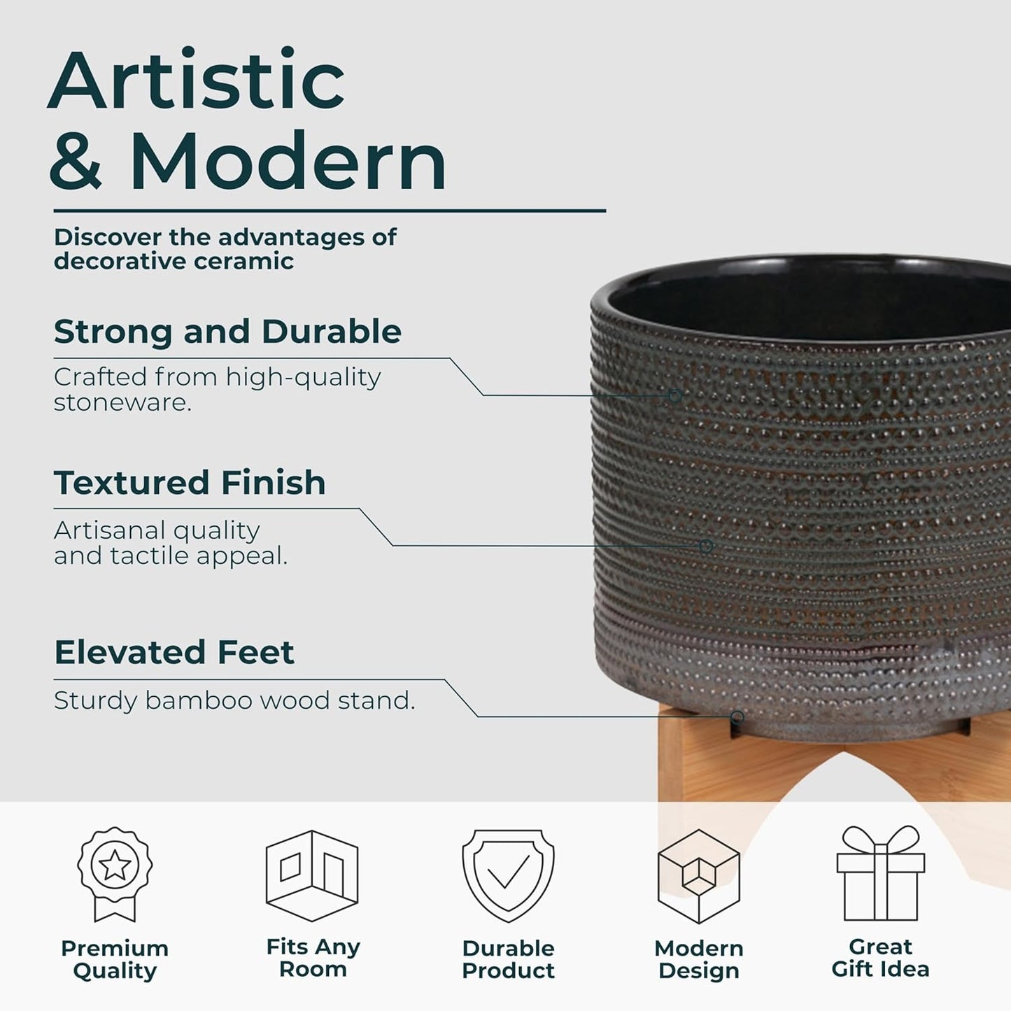 Sagebrook Home Ceramic Planter with Bamboo Stand - Textured Mid-Century Modern Plant Pot for Indoor & Outdoor Home Garden Decor - 10" Green