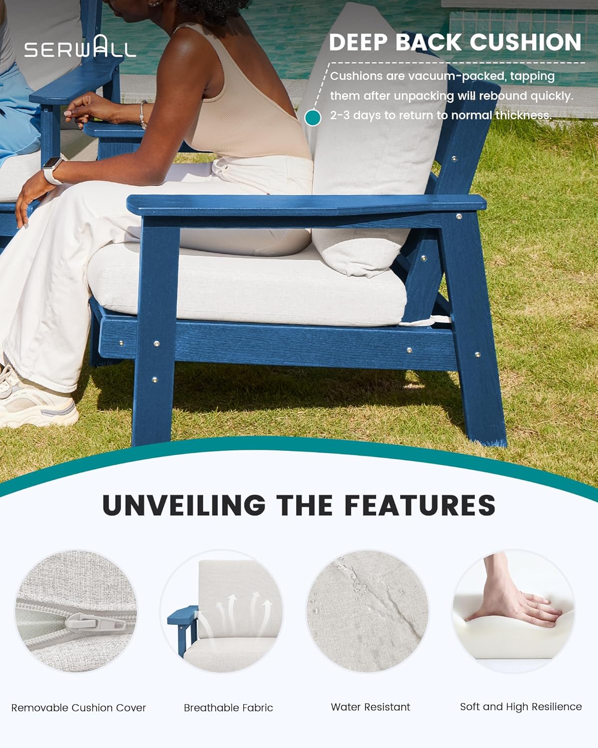 SERWALL HDPE Patio Furniture Set, 5 Piece All Weather Wood-Like Sectional Outdoor Furniture Set, Blue Patio Sofa Couch with Khaki Cushions for Deck, Lawn