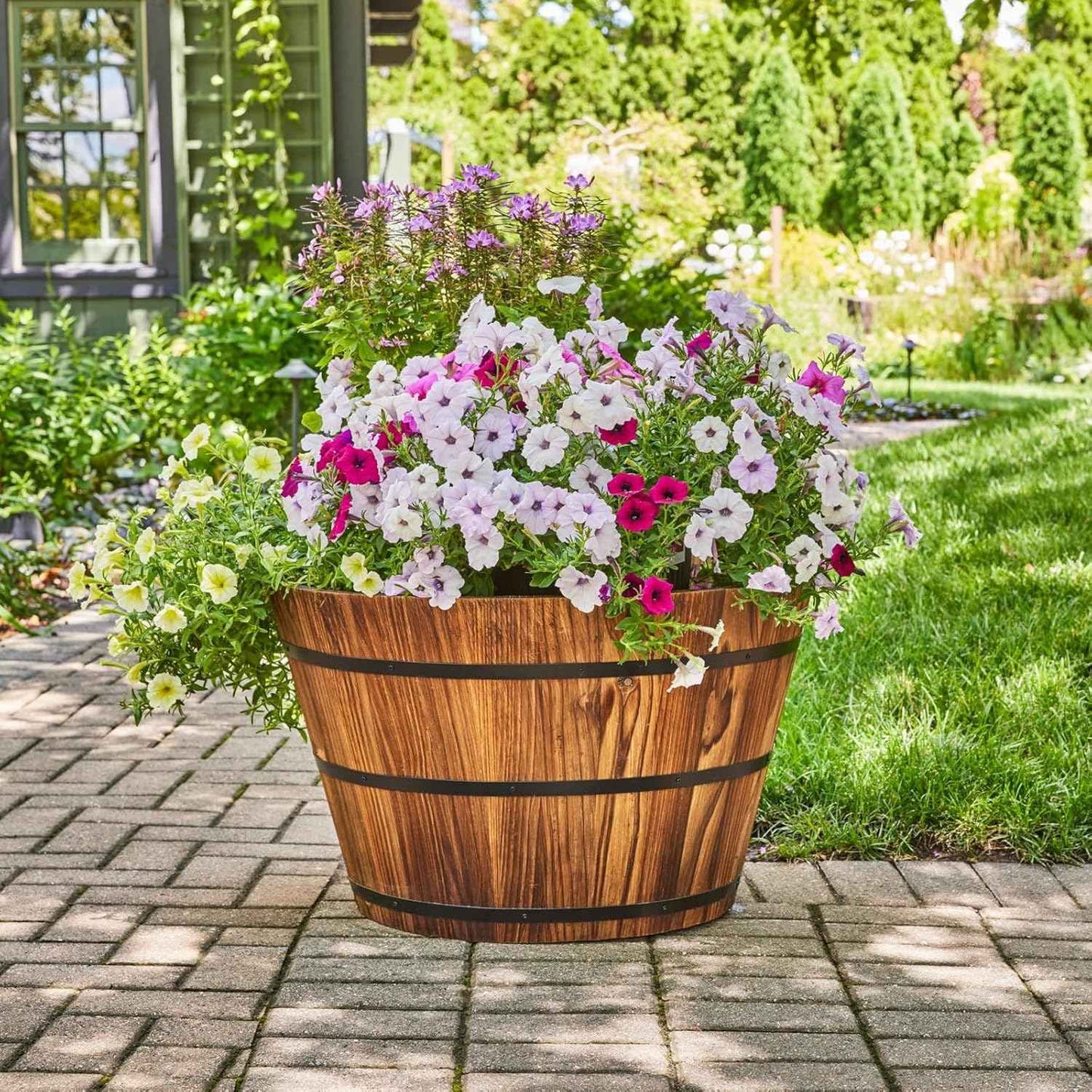 17 Inch Wood Whiskey Barrel Planter – Rustic Outdoor Half Barrel Flower Pot, Weather-Resistant Wood & Iron Plant Container with Drainage Hole, 21QT Capacity, Fully Assembled (Rustic Finish)