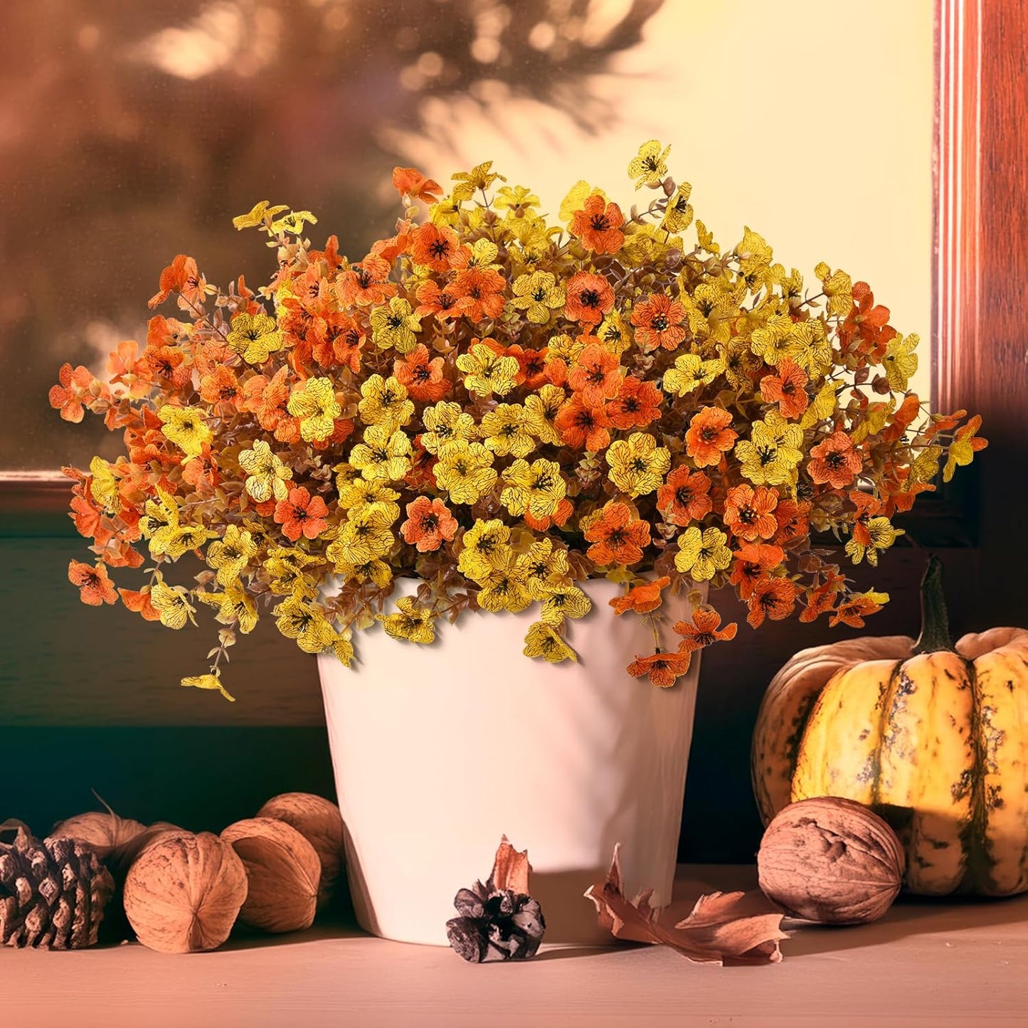 Artificial Fake Hanging Baskets Fall Flowers for Outdoors Autumn Decoration, 12 PCS Faux Daisy Silk Plants Outside UV Resistant Look Real Yard Patio Front Porch Balcony Home Decor (Orange Yellow)