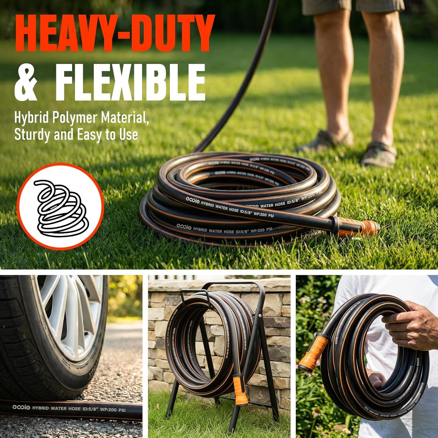 Garden Hose 100 ft x 5/8", Heavy Duty Water Hose, Flexible and Durable, Kink Resistant Lightweight Hybrid Hose, Leakproof Yard Hose with Male to Female Fittings