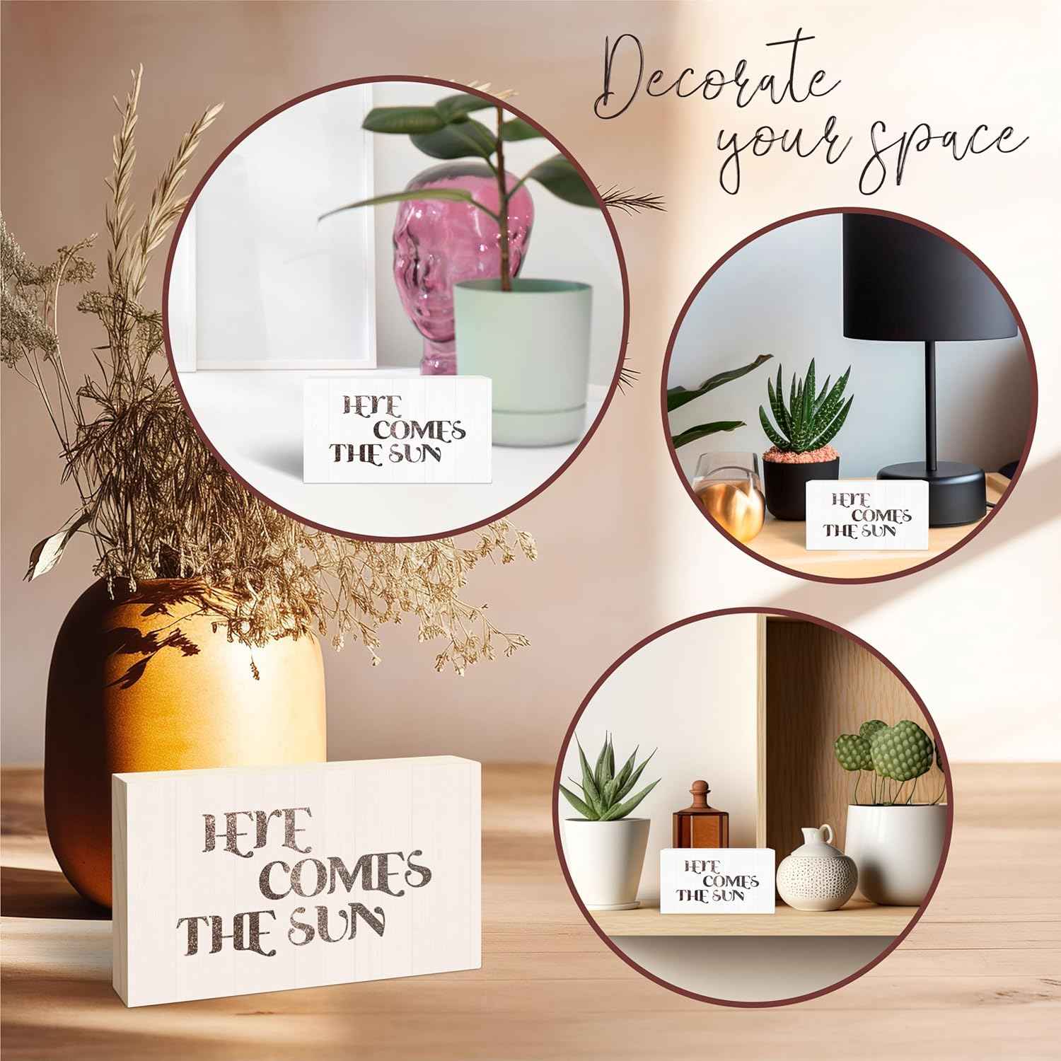 Wooden Block Sign - Here Comes The Sun - 3"X5" Pine Wood Plaque, Home & Office Decorations, Housewarming Gift, Table, Shelf, Desk Decor & Accessories - B15
