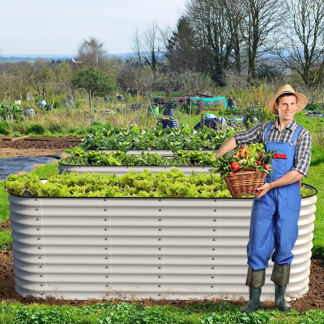 Olle Galvanized Planter for Vegetables 12-in-1 Large Metal Raised Bed Gardening Kit for Outdoors 32" Tall Size 5X5 Feets 8X2 Feets 4x8 Raised Garden Bed, Ivory