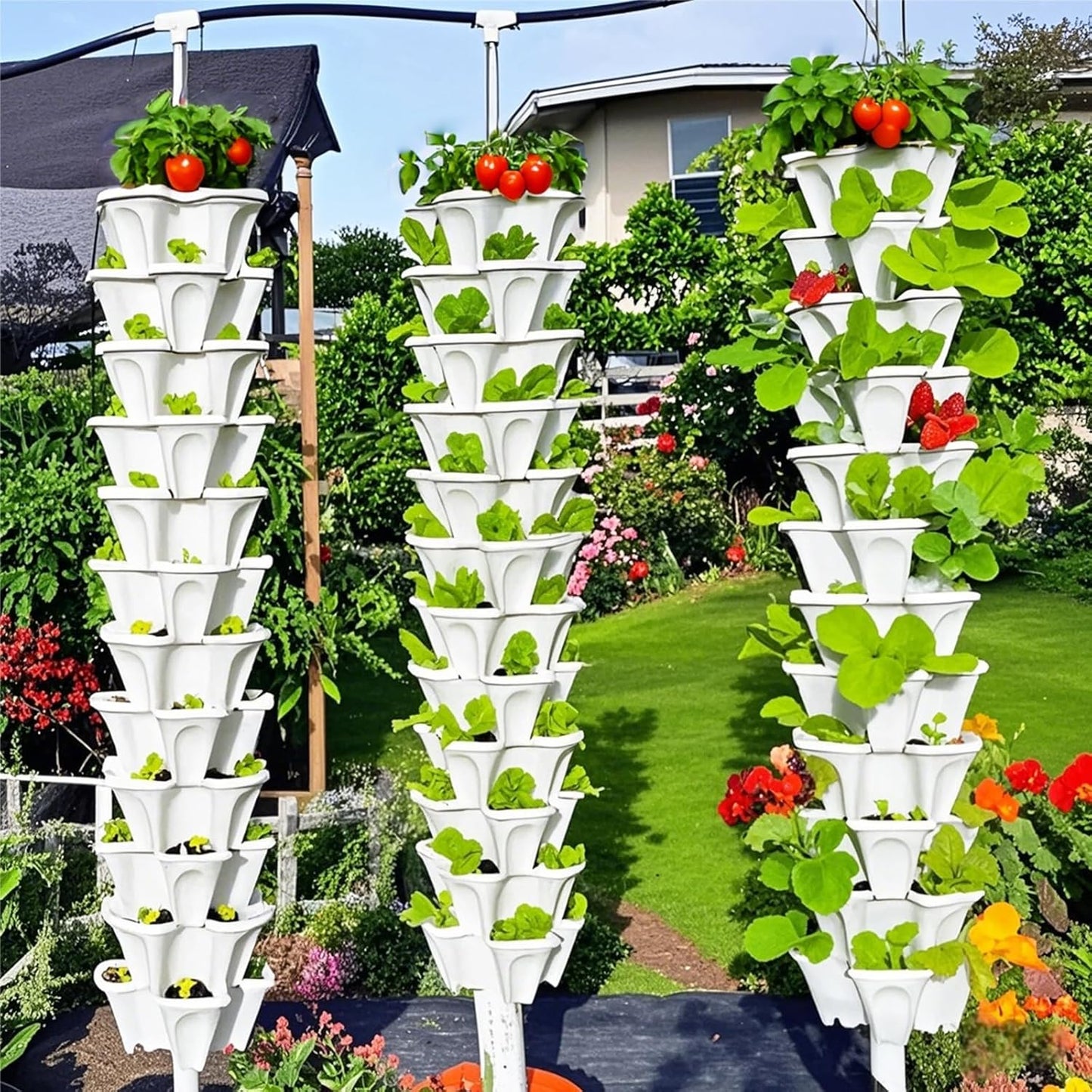 7 Tiered Strawberry Planters 2 Pack, Vertical Stackable Planter, Herb Stacking Tower Garden, Flower and Vegetable Planters with Support Pole Indoor & Outdoor with Removable Wheels - White