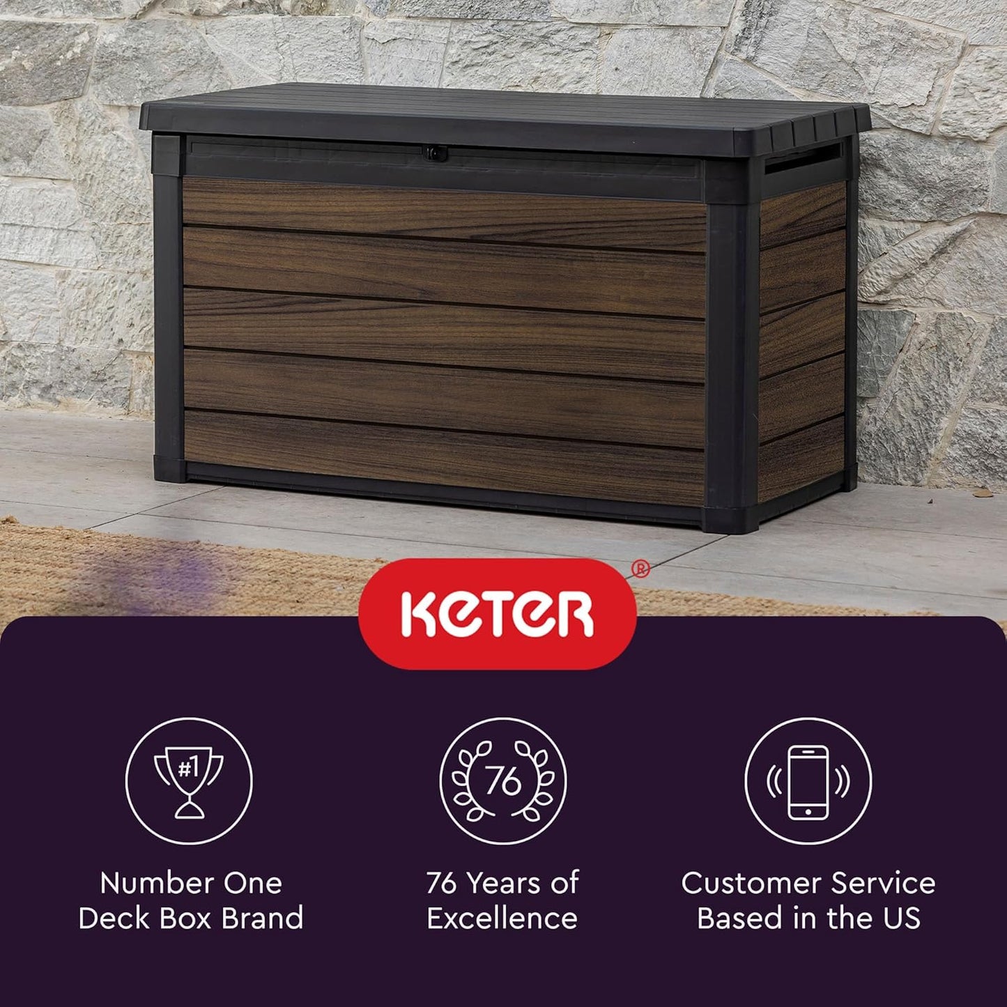 Keter Signature Collection 100 Gallon Resin Deck Box Organization and Storage for Patio Outdoor Cushions, Throw Pillows, Garden Tools and Pool Supplies, Rosewood