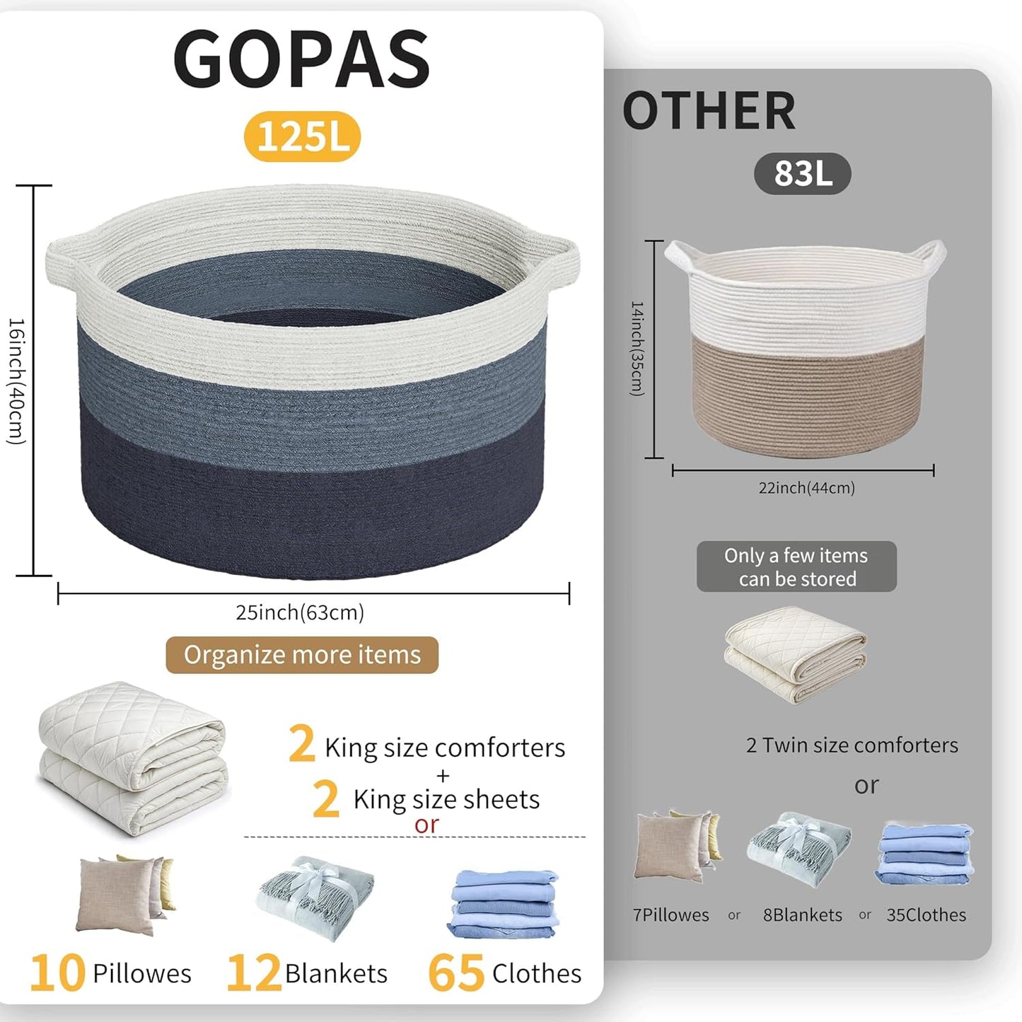 125L Extra Large Blanket Basket, 25" x 16", Jumbo Laundry Woven Basket Decorative Home, Cotton Rope Basket with Handles, Baby Toy Basket for Storage, Gradual Blue