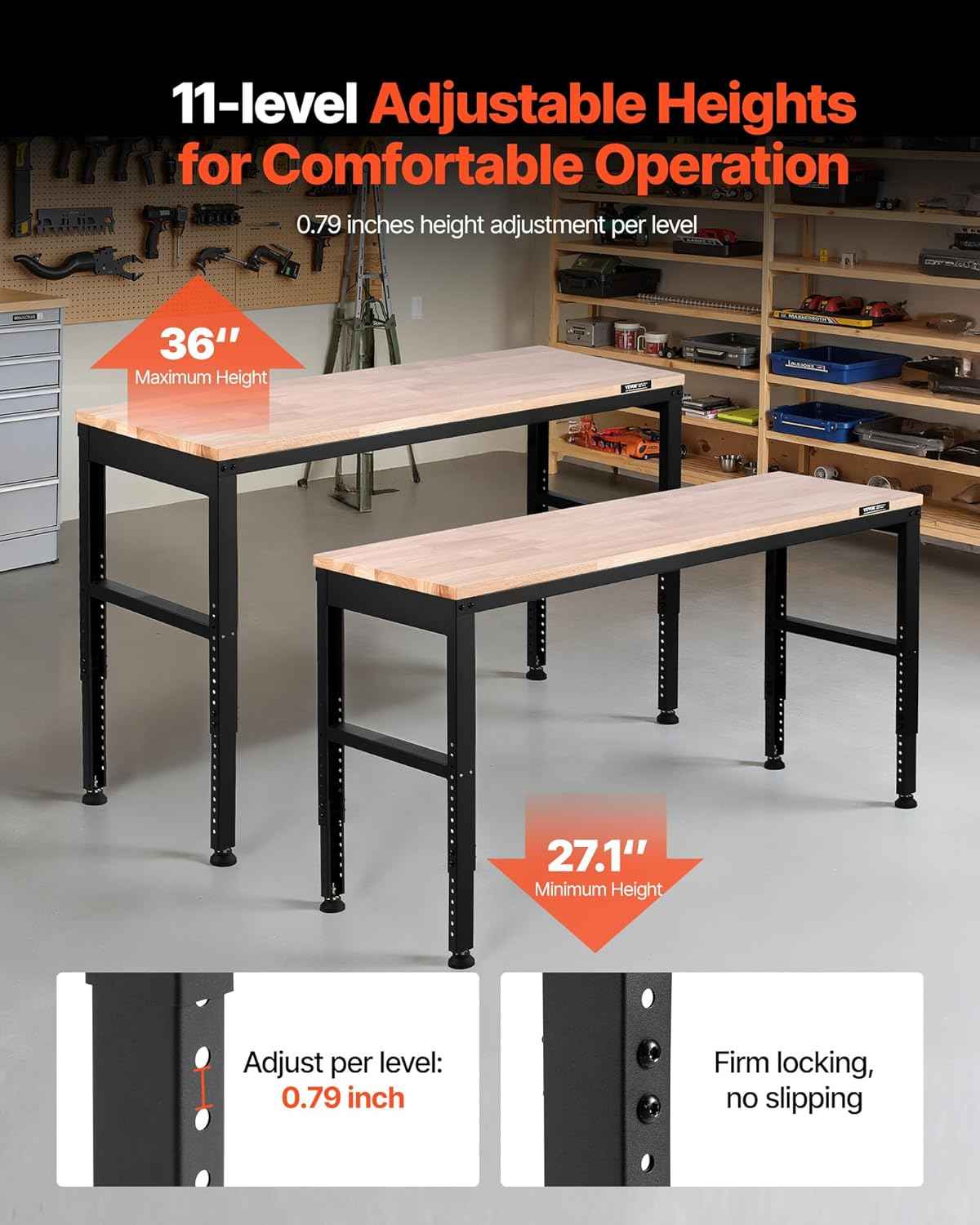 VEVOR Adjustable Workbench, 2000 lbs Capacity, 61 x 20-inch Heavy Duty Work Bench with 27.1-36 Inches Height Adjustment, Garage Workbench with Power Outlets, Suitable for Office, Garage, Workshop