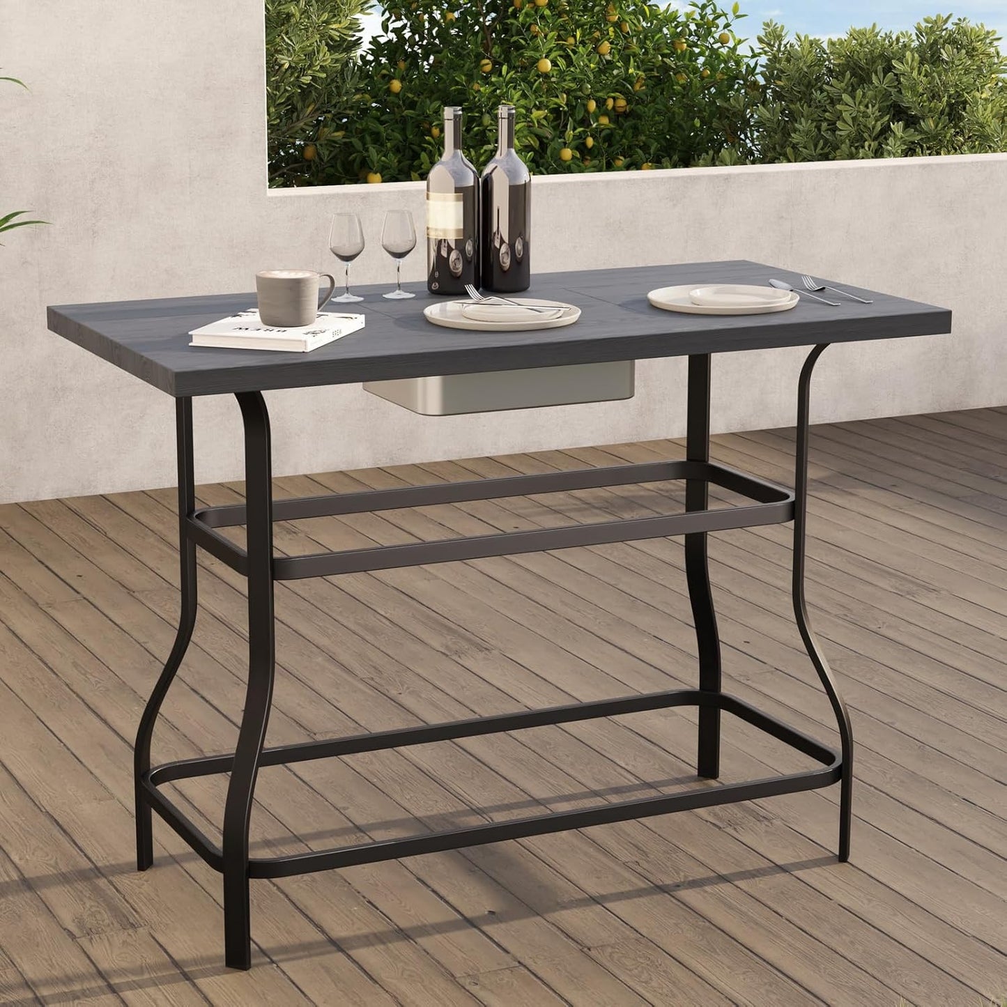 Grand patio Outdoor Bar Table, Faux Wood Grain Dining Table with Ice Bucket for Indoor Outdoor Kitchen Bistro Small Space Restaurant