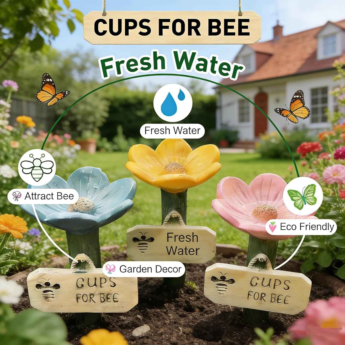 Bee Watering Station for Garden Insect Drinking Cups Flower-Shaped Bee Water for Bees Butterflies Bee Watering Station Feeder with Stake Base (5pcs Mix)