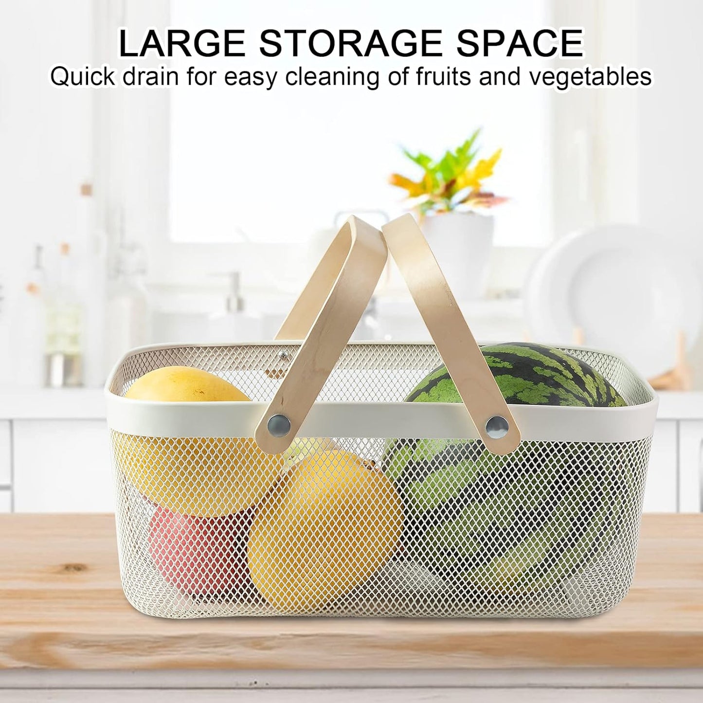 Portable Garden Harvest Basket-Mesh Design Natural Bamboo Handle Wire Storage Baskets,Mesh Basket with Handle Organize Items Reduce Space Occupation,Suitable for Kitchen,Garden,Picnic(White)