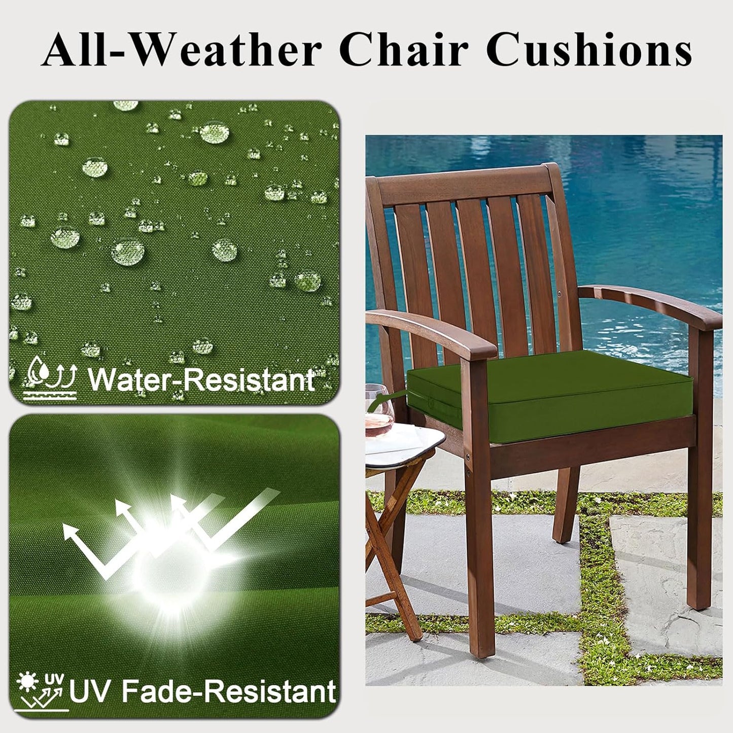 Outdoor Chair Cushions Set of 2 for Patio Furniture 24x24x4 Inch Waterproof Patio Chair Cushion 3 Year Color Fastness Square Elastic Foam Garden Couch Pads with Ties and Handle,Green
