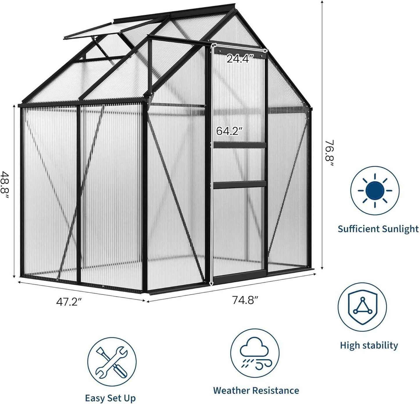 6x4 ft Greenhouse, Walk in Polycarbonate Greenhouses for Outdoors with Roof Vent&Sliding Door, Heavy Duty Green House with Aluminum Frame for Outside Garden Backyard, Patio, Lawn, Black