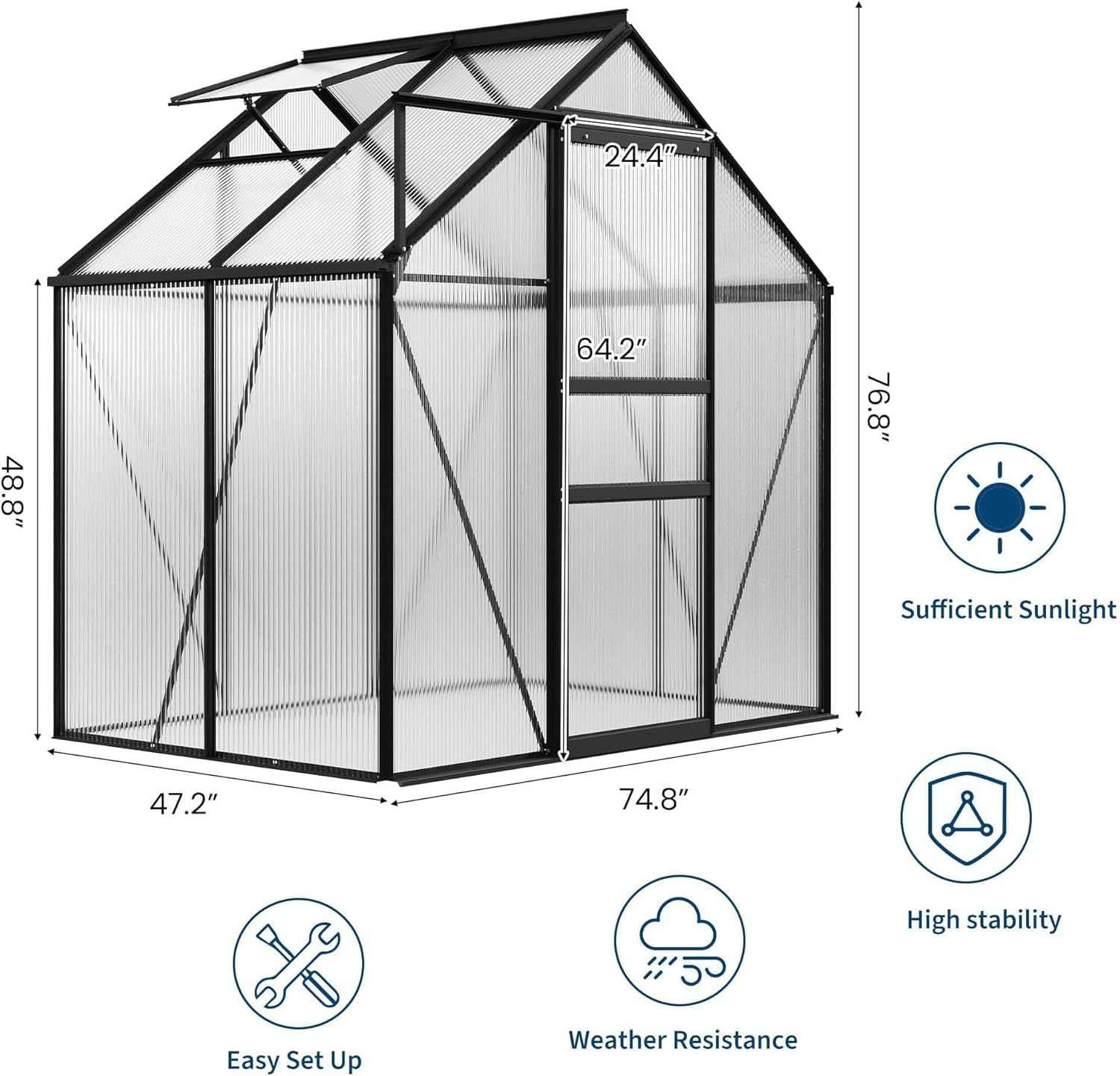 6x4 ft Greenhouse, Walk in Polycarbonate Greenhouses for Outdoors with Roof Vent&Sliding Door, Heavy Duty Green House with Aluminum Frame for Outside Garden Backyard, Patio, Lawn, Black