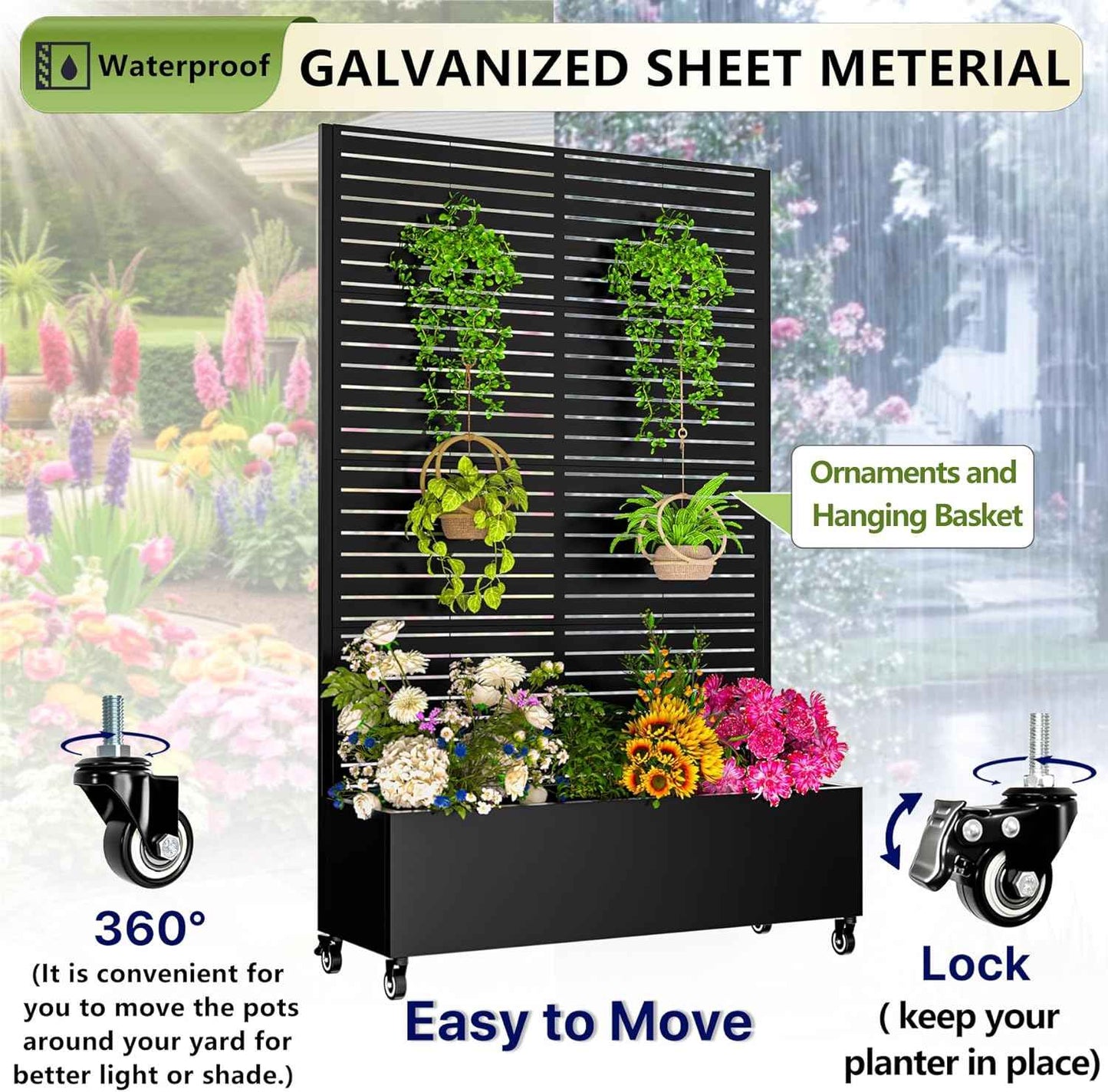 Metal Planter Box with Trellis,72"x47"x16"Galvanized Steel Outdoor Raised Garden Bed with Privacy Screen,with Drainage Holes & Lockable Casters for Climbing Plants,Vegetables,and Vines(Black-BYC)
