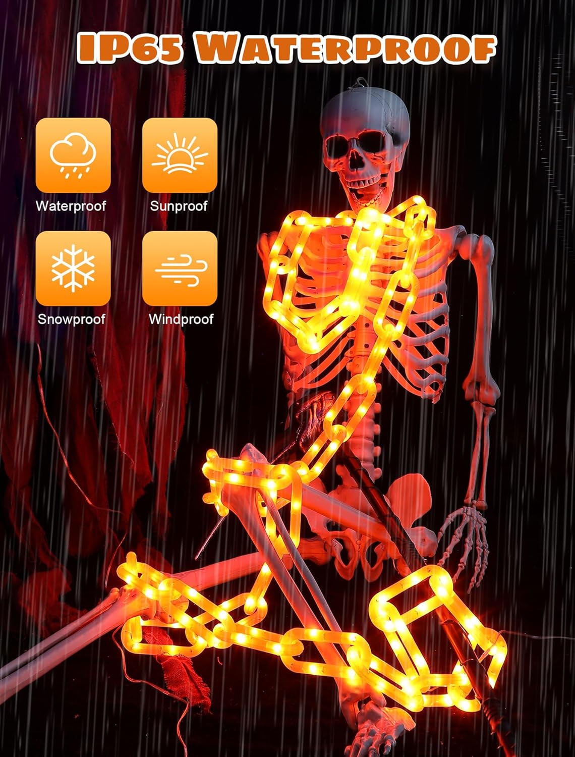 Halloween Decorations Chain Lights,10.4 Ft 175 LED Plastic Chain String Lights Battery Operated and USB,8 Lighting Modes Orange Light with Timer for Halloween Skeleton Dog Party Spooky Outdoor