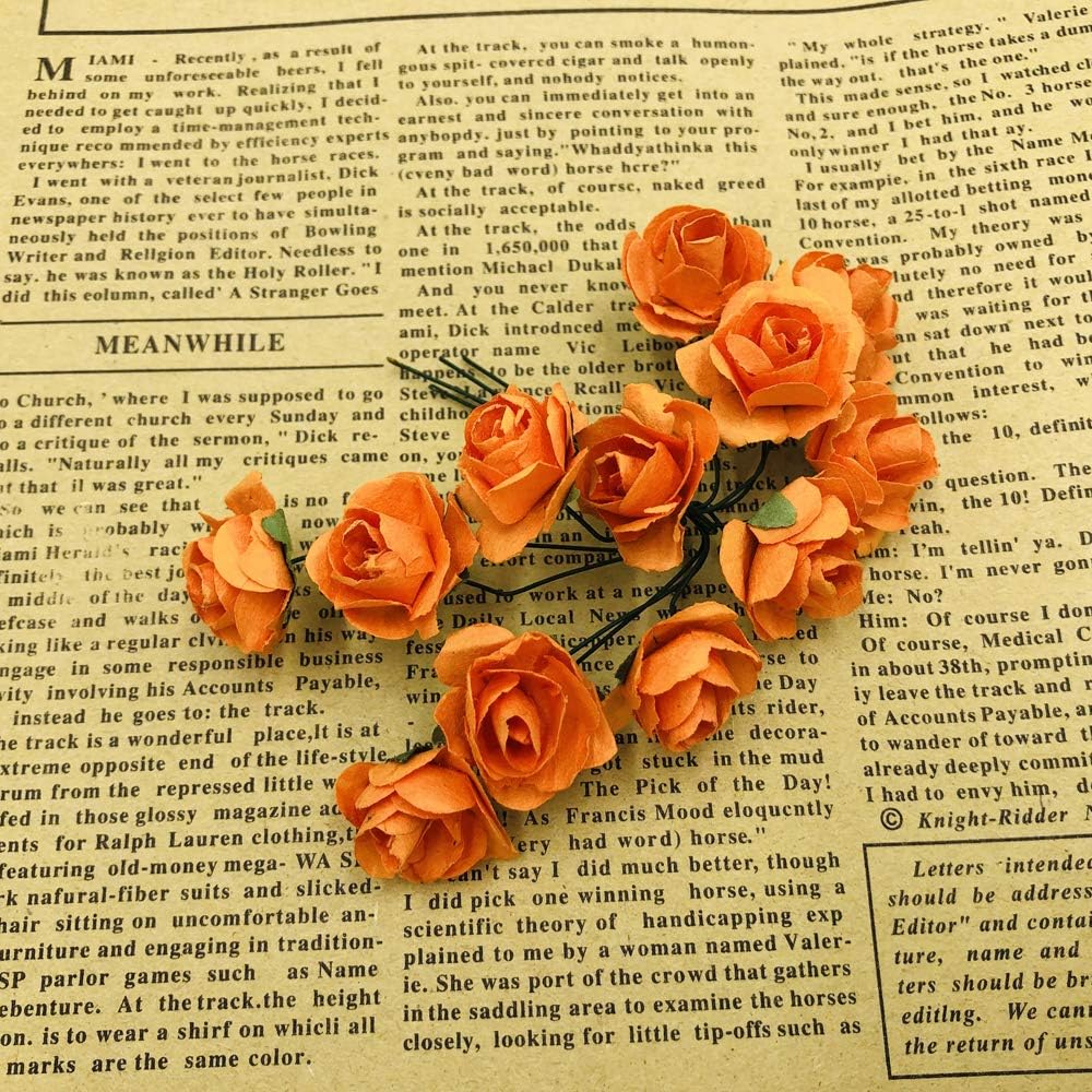 Mini Fake Rose Flower Heads 144pcs Mini Artificial Mulberry Paper Roses Flower with Wire Stem DIY Wedding Flowers Accessories Make Bridal Hair Clips Headbands Dress (Orange)