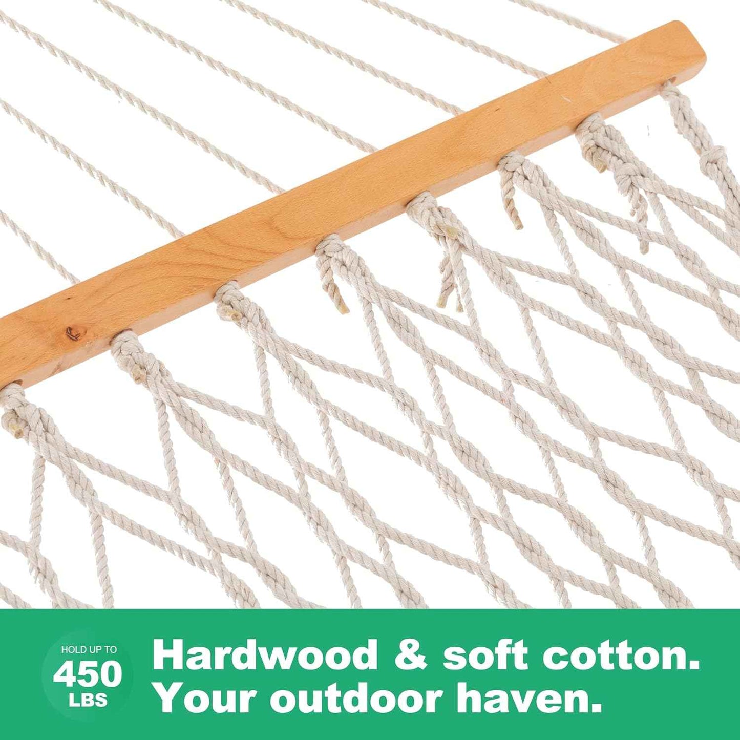 GAFETE 12ft Double Hammocks for Outside, Handwoven Traditional Cotton Rope 2 Person Hammock with Hardwood Spreader Bar, Chains & Hooks for Indoor Outdoor, Max 450 lbs Capacity (Natural Beige, Medium)