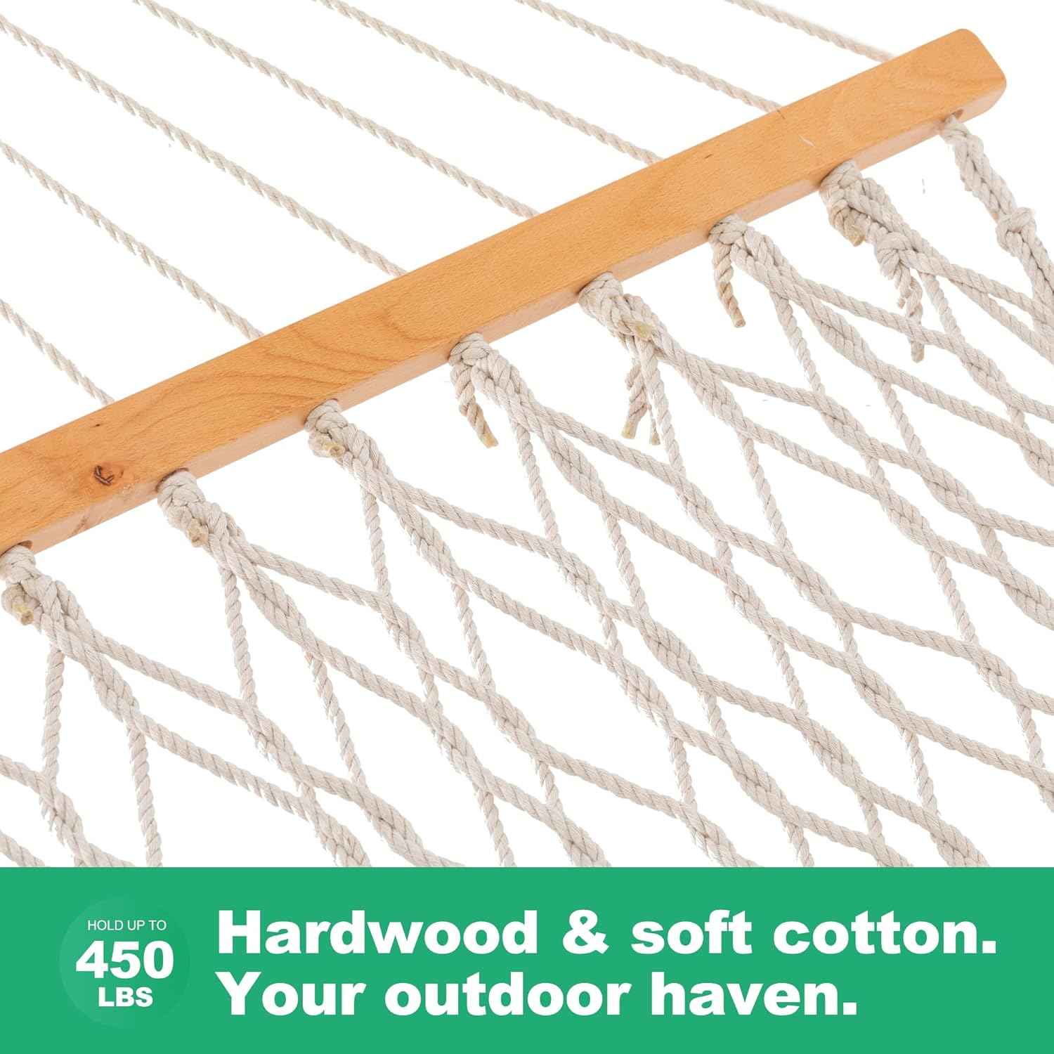 GAFETE 12ft Double Hammocks for Outside, Handwoven Traditional Cotton Rope 2 Person Hammock with Hardwood Spreader Bar, Chains & Hooks for Indoor Outdoor, Max 450 lbs Capacity (Natural Beige, Medium)