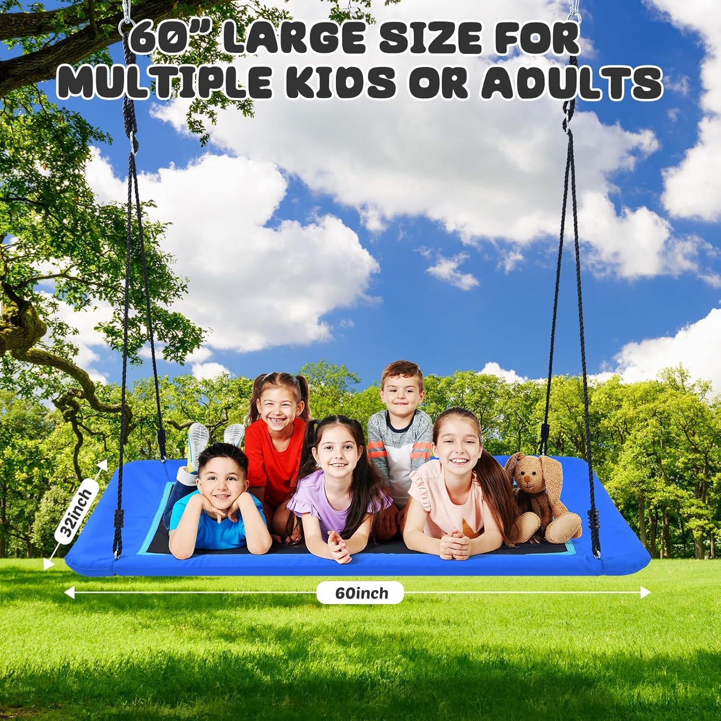 Trekassy 60" Extra Large Rectangle Tree Swing - Heavy Duty 700lb Capacity, Waterproof Platform for Kids & Adults with Complete Installation Kit & 2 Tree Straps - Blue (Patented)