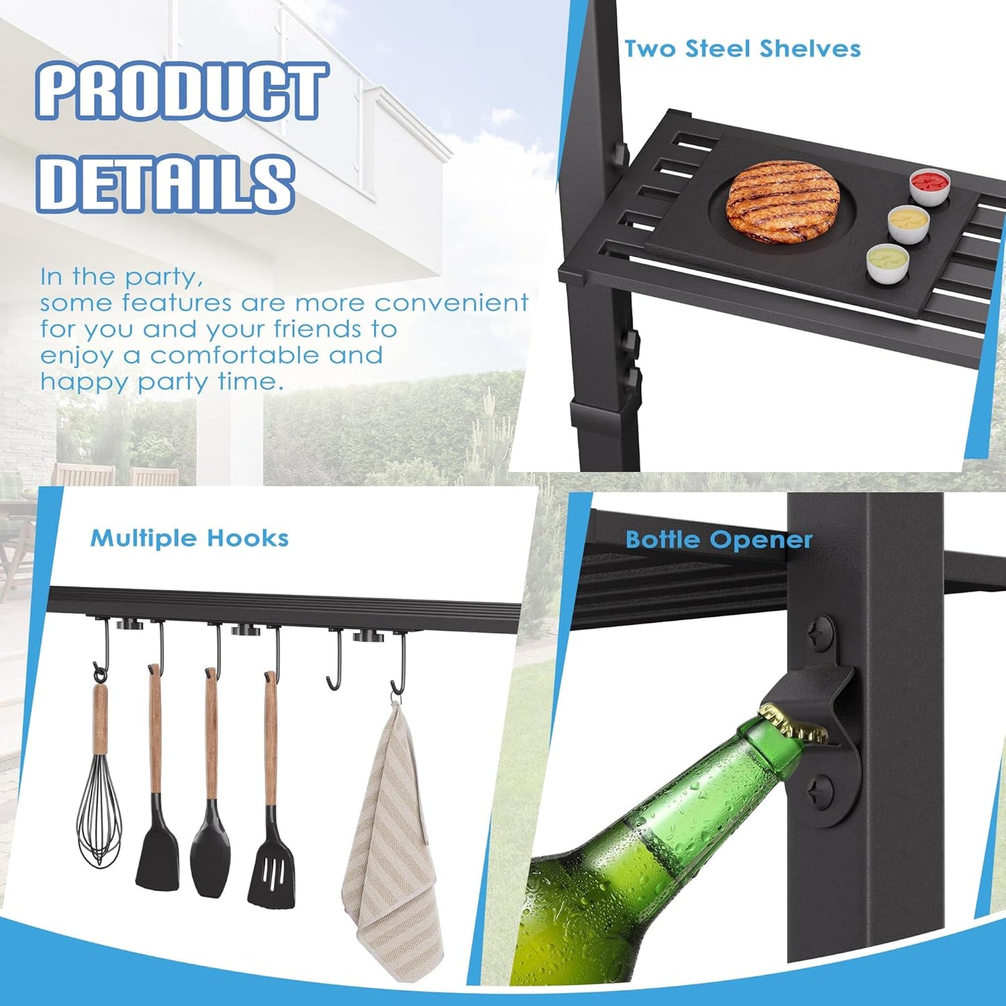 8x8x5 FT BBQ Grill Gazebo Outdoor, Double Tired Patio Canopy Tent with Side Awning Shelves, Barbecue Shelter with 14 Hooks and Bottle Opener for Backyard Garden Poolside, Brown