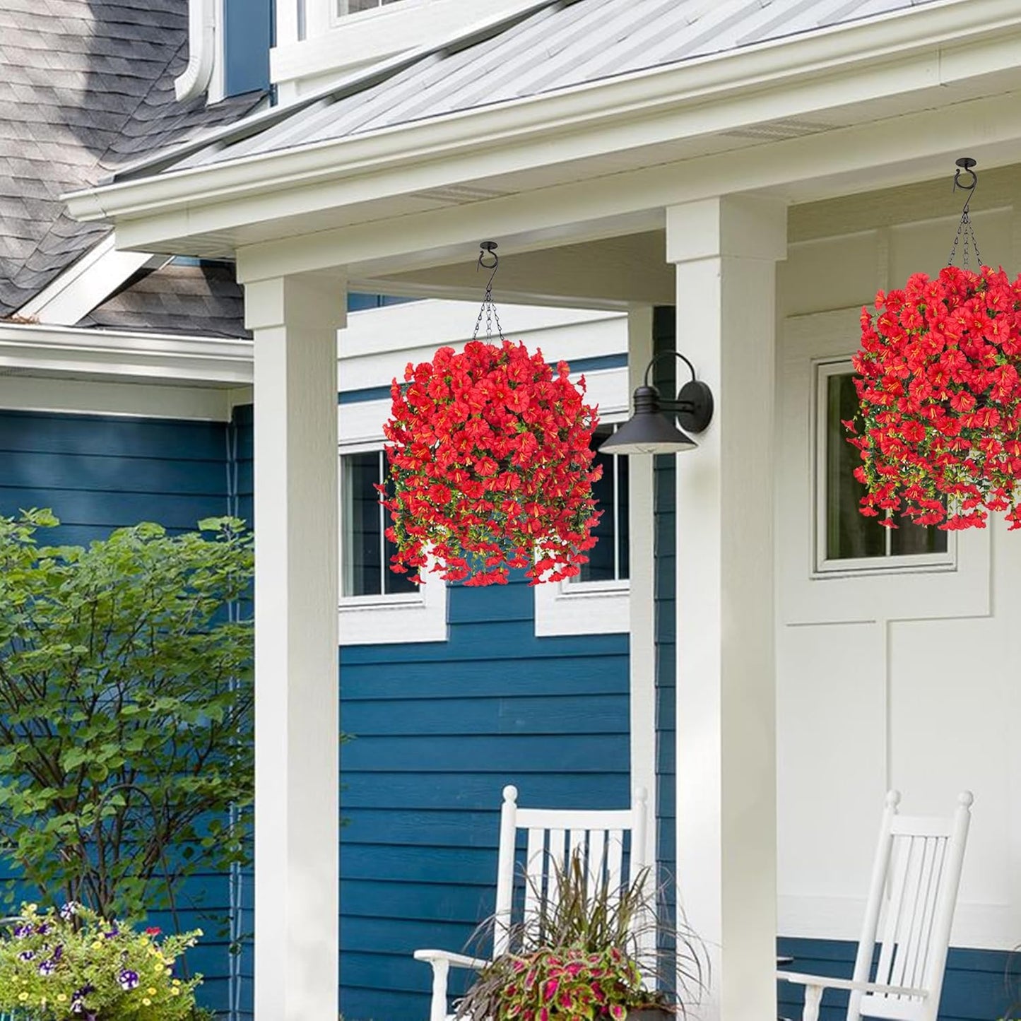 Artificial Hanging Flowers with Basket Outdoors Fake Flowers Plants for Winter Christmas Decor,3PCS Faux Red Silk Morning Glory Flower with Eucalyptus Realistic Vines for Home Porch Patio Balcony Yard