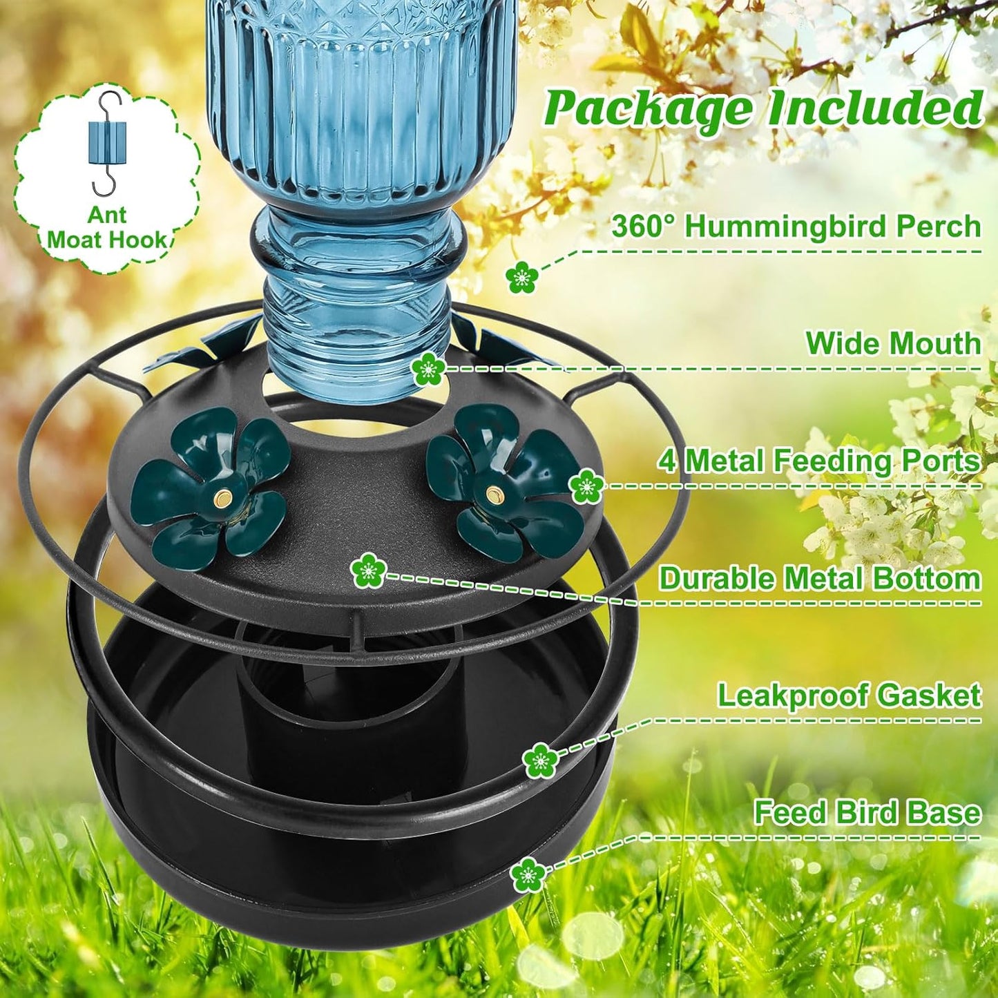 FEED GARDEN Glass Hummingbird Feeder for Outdoors Hanging, 16 OZ Humming Birds Feeders with 4 Bee Guard Feeding Ports & Built-in Ant Moat, Hummingbird Gifts for Mom, Bird Feeder for Outside, Blue