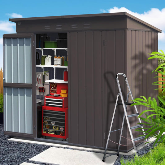 Domi Outdoor Storage Shed 6' x 4.5’, Metal Garden Shed with Galvanized Steel Frame for Bike, Tools, Lawn Mowers, Pool Toys, Outdoor Storage Cabinet with Lockable Door for Garden Lawn Patio (Brown)