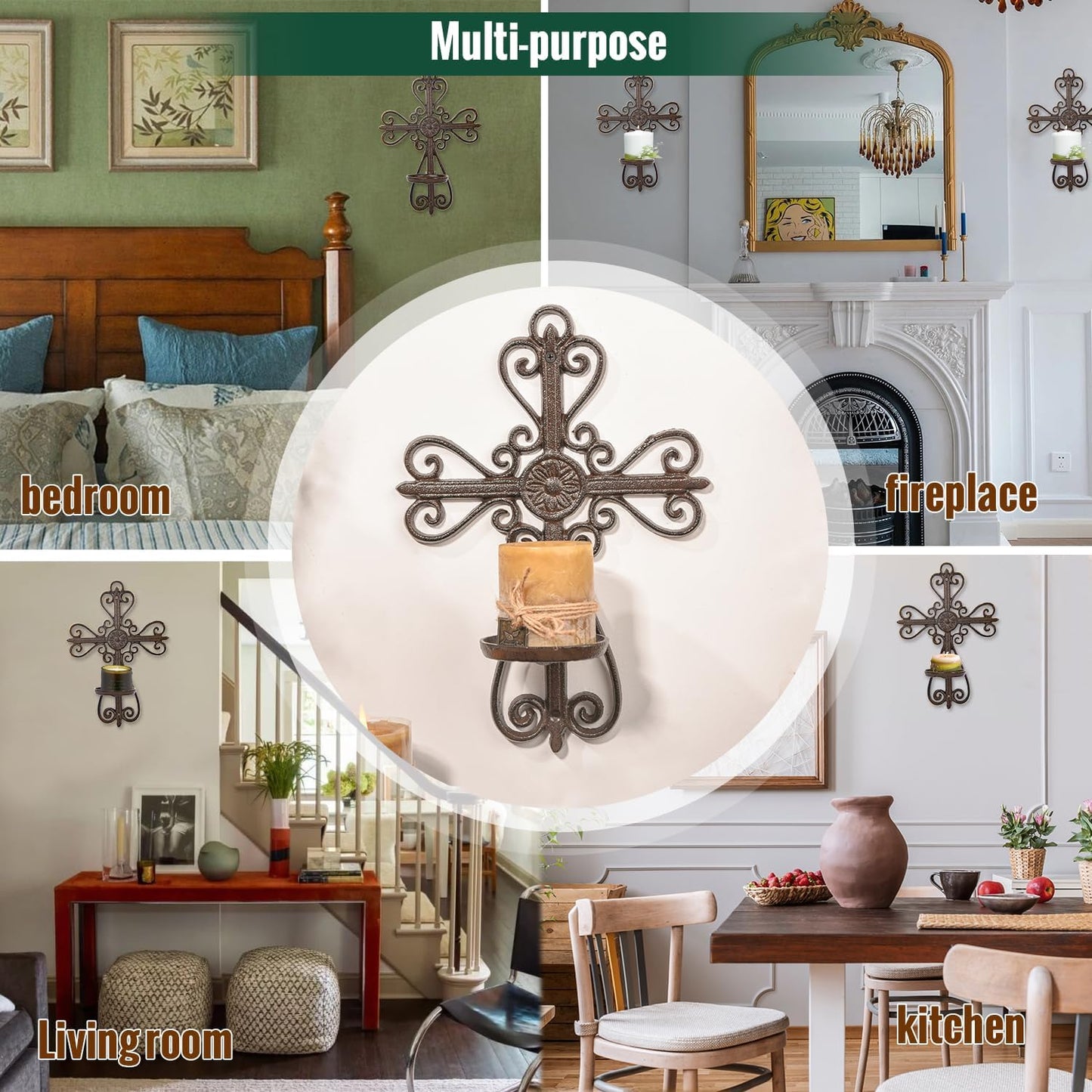 Sungmor Cast Iron Candle Sconces Set of 2, Decorative Wall Mounted Candle Holder, Vintage Cross Shape Home Candle Display Holder, Gothic Wall Sconce Kitchen Dining Living Room Patio Decor