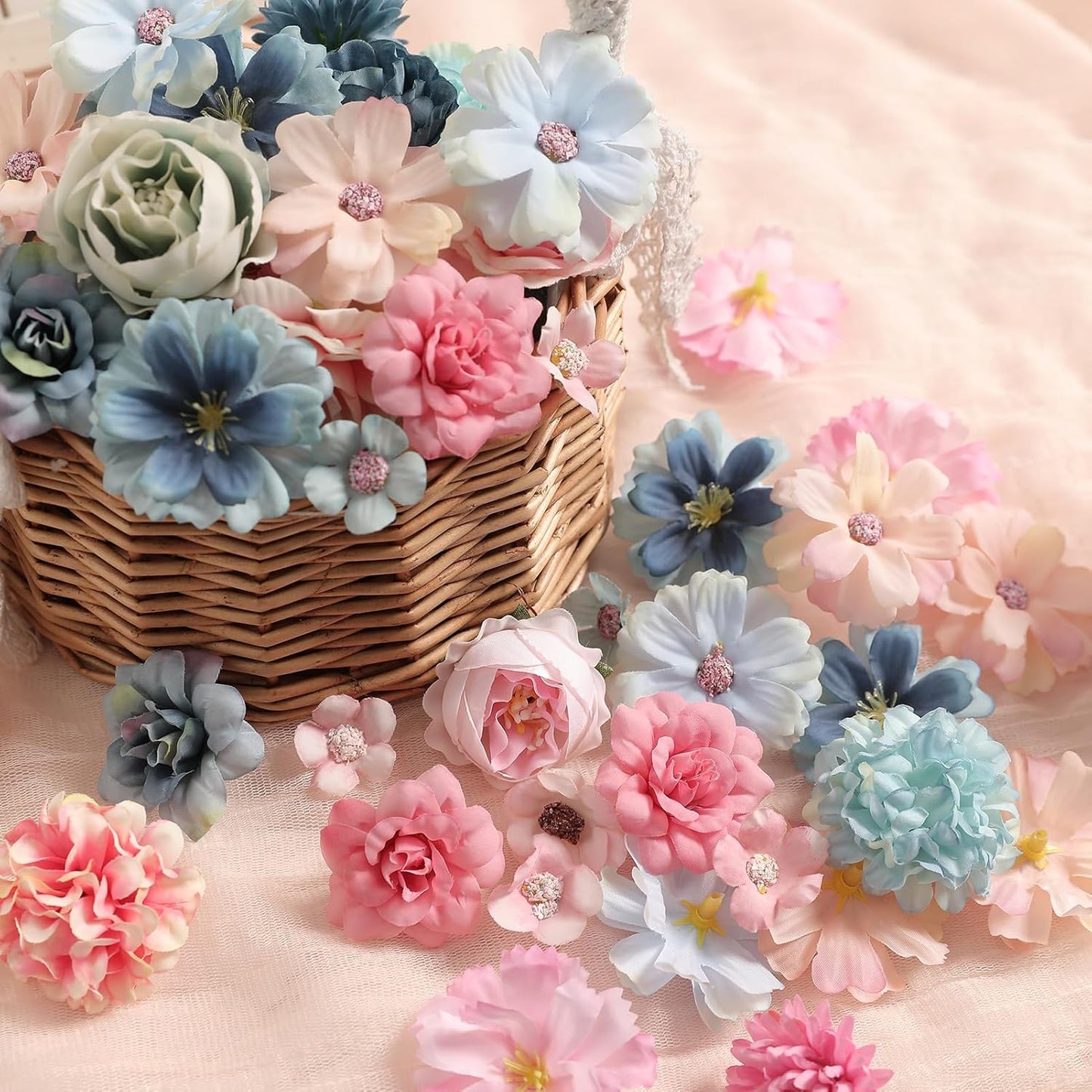 Faux Flower Heads Mini Blue Pink Artificial Flower Heads Fake Peony Daisy Rose Flowers Multicolor Small Silk Daisy Flower Heads for Craft Garland Wedding Party DIY Home Decoration,2-4 cm