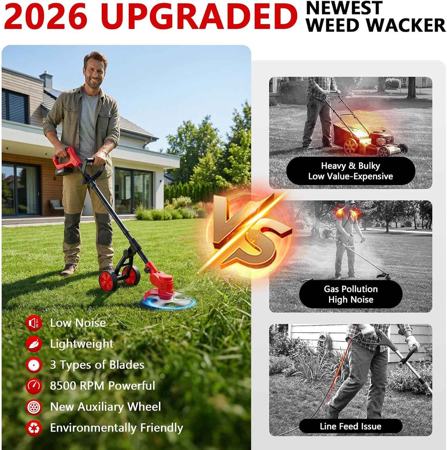 Electric Weed Wacker Cordless, 4000mAh Weed Eater Battery Powered with Wheel, 4 in 1 Grass Trimmer/Heavy Duty Brush Cutter/Lawn Edger/Weed Trimmer, No String Trimmer with Blade, 2 Battery Garden Tool