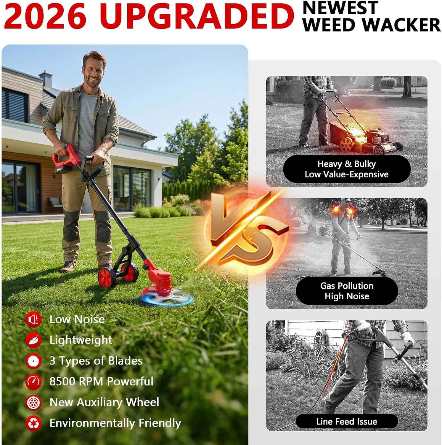 Electric Weed Wacker Cordless, 4000mAh Weed Eater Battery Powered with Wheel, 4 in 1 Grass Trimmer/Heavy Duty Brush Cutter/Lawn Edger/Weed Trimmer, No String Trimmer with Blade, 2 Battery Garden Tool