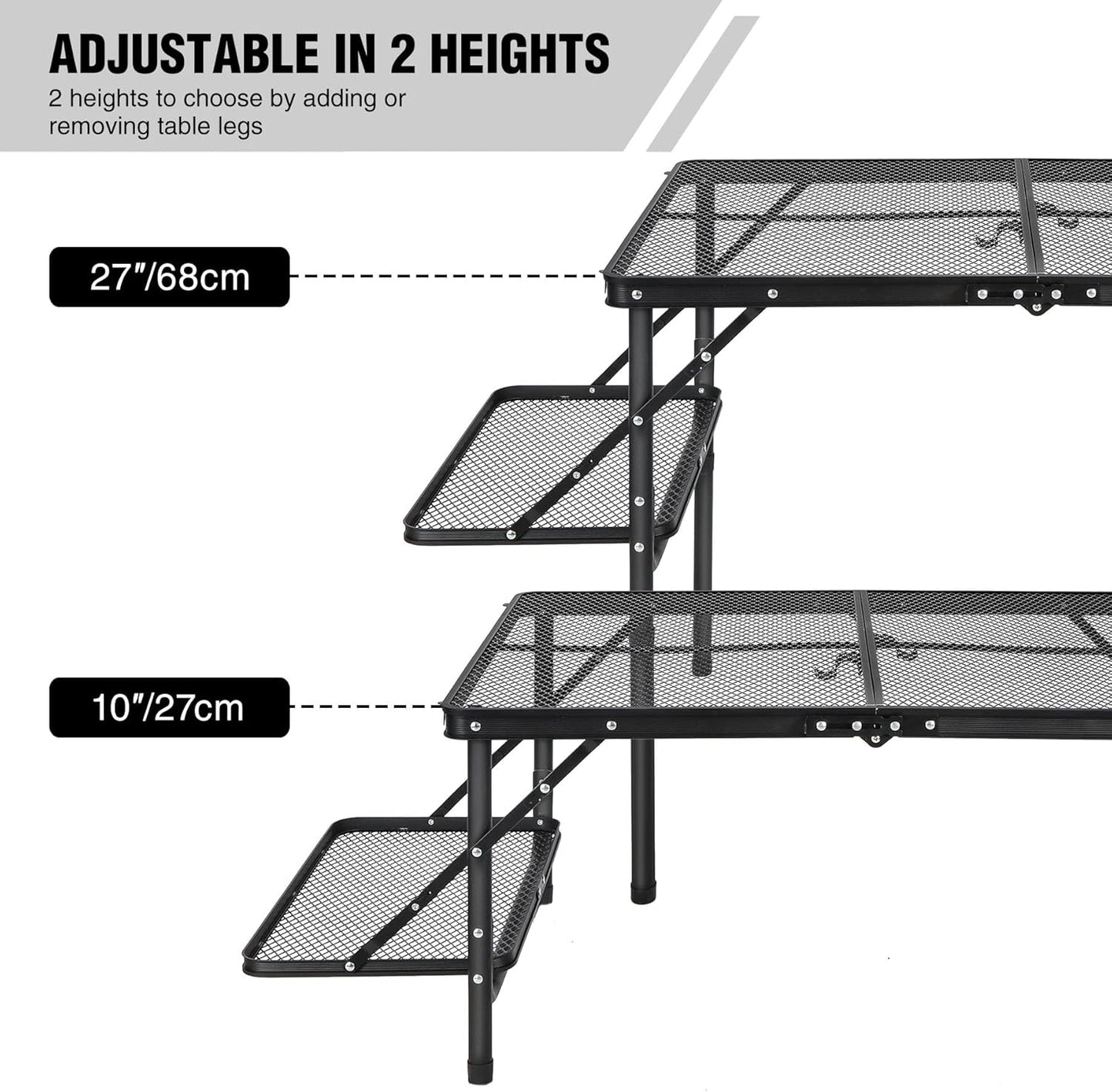 RedSwing Folding Grill Table with Extension Space, Adjustable Height Portable Large Stand Camp Table for Outdoor Indoor Camping Picnic BBQ, Black with Side Panels