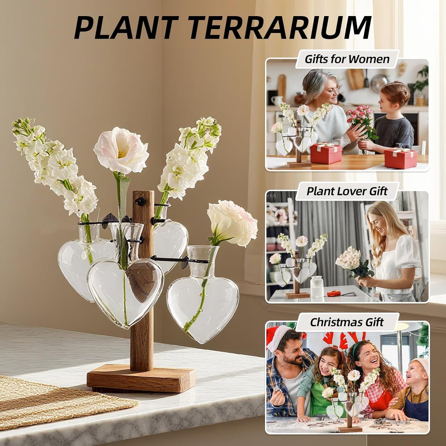 Plant Propagation Station with Acacia Wood Stand, 4 Heart-Shaped Propagation Vases for Plants, Unique Terrarium Kit for Office and Home Decor, Gifts for Plant Lovers