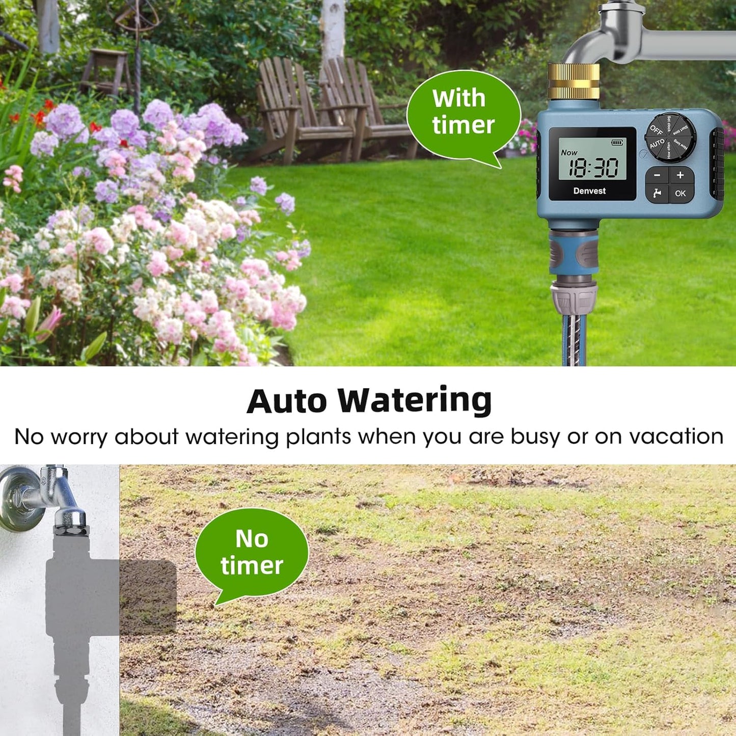 Hose Timer with Brass Inlet & Outlet, Water Timer for Garden Hose Faucet, Sprinkler Timers Outdoor, Irrigation Timers with Rain Delay/Manual for Garden/Outdoor Hose, Yard, Lawns, 1 Outlet
