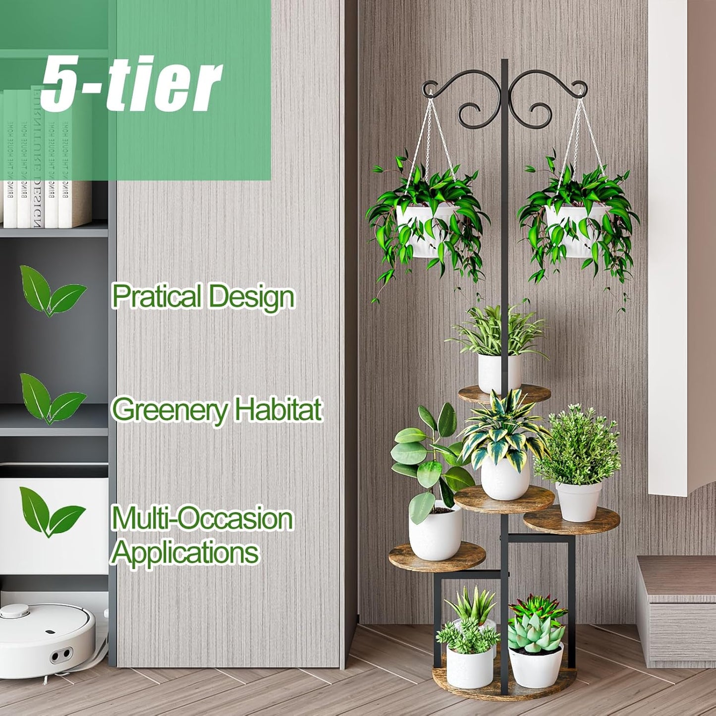 Plant Stand Indoor 5 Tier 8 Potted with hook hanging basket Multiple Flower Pot Holder for Patio Garden Balcony Living Room Corner (5 Tier with hook Black+Rustic Brown)