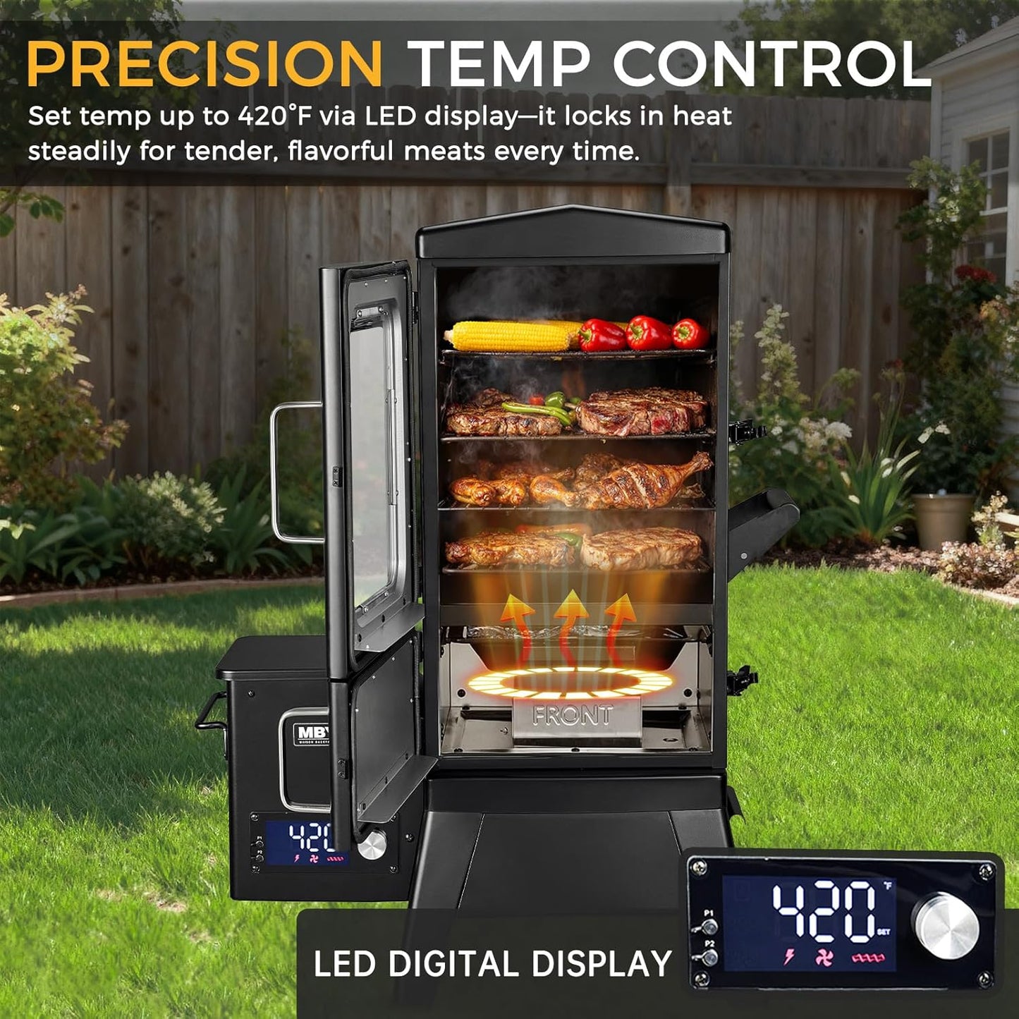 Pellet Smoker with Cover, Electric Wood Pellet Smoker Grill With Meat Probe and Hook, 616 Sq in Cooking Area LED Display Temperature Control, Outdoor Cooking, Patio, Garden Barbecue, Obsidian Black