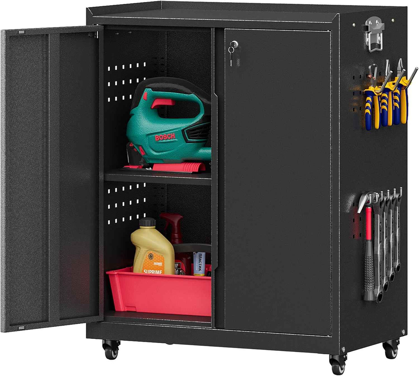 Bestoo Metal Garage Storage Cabinet with Wheels, 31.5" H Tool Locker with Pegboard and Adjustable Shelves, Rolling Storage Cabinet for Garage, Home, Office, Warehouse (Black)