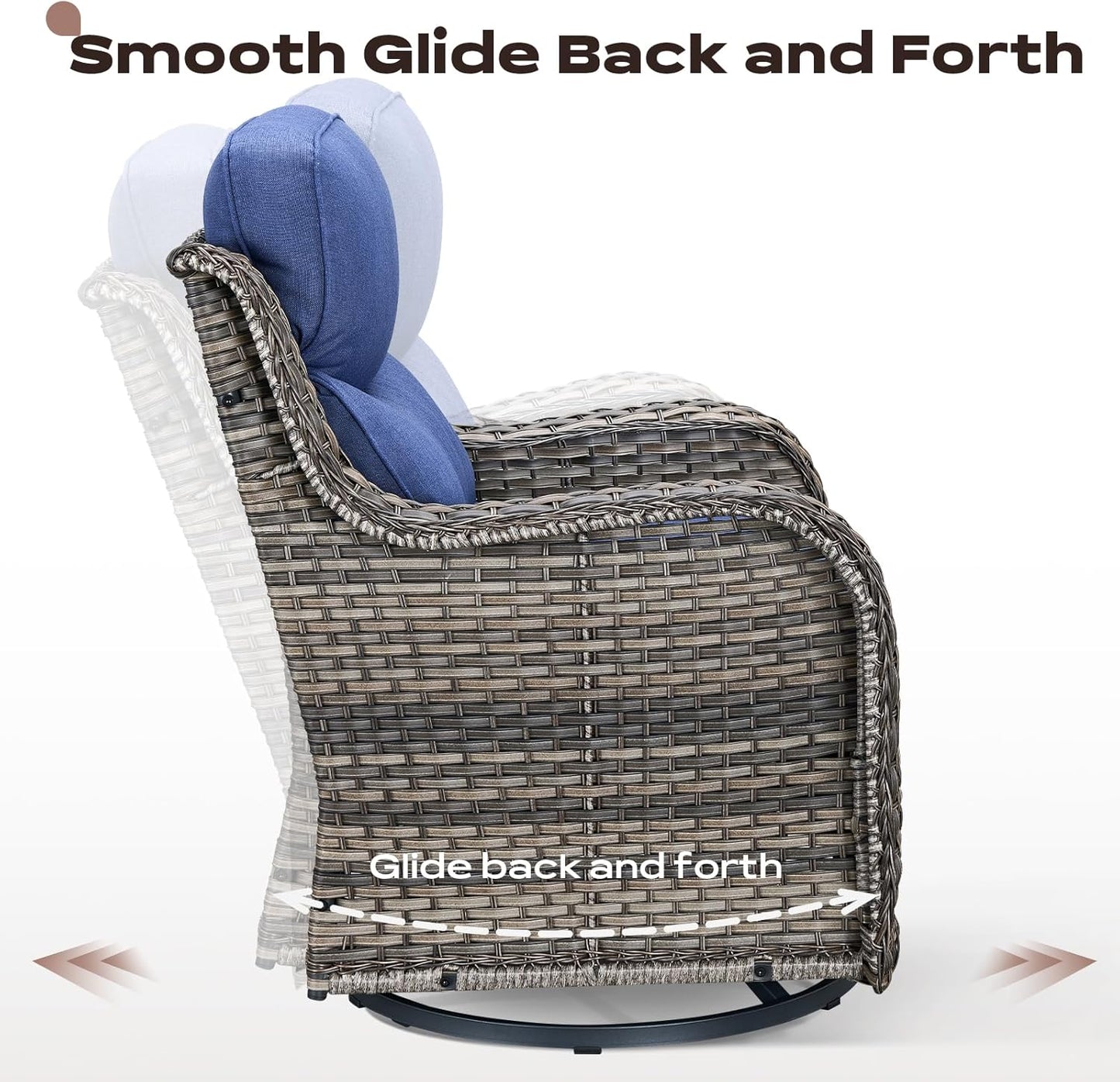 Wicker Outdoor Patio Furniture Set - 5 Piece Patio Conversation Sets with Swivel Rocker Chairs, Ottomans and Sofa, 6 inch Cushions, Waterproof Wicker, for Porch Deck Mixed Grey/Blue