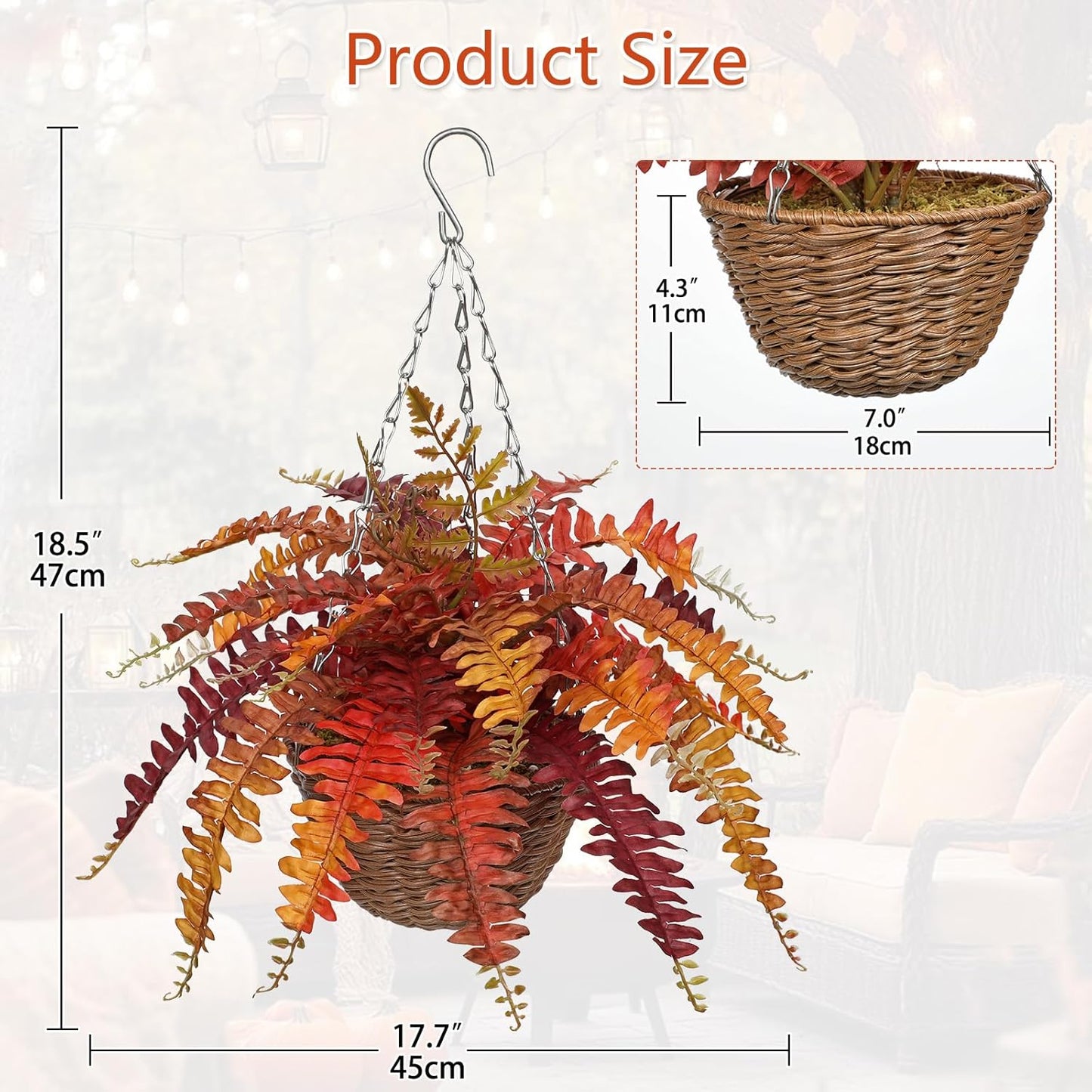 Hollyone Fall Hanging Baskets Small Artificial Fern Orange 21 Leaves Fall Hanging Decor Plant Boston Ferns Silk Plants with Brown Rattan Baskets Outdoors Indoor Fake Fern Autumn Decorations for Home