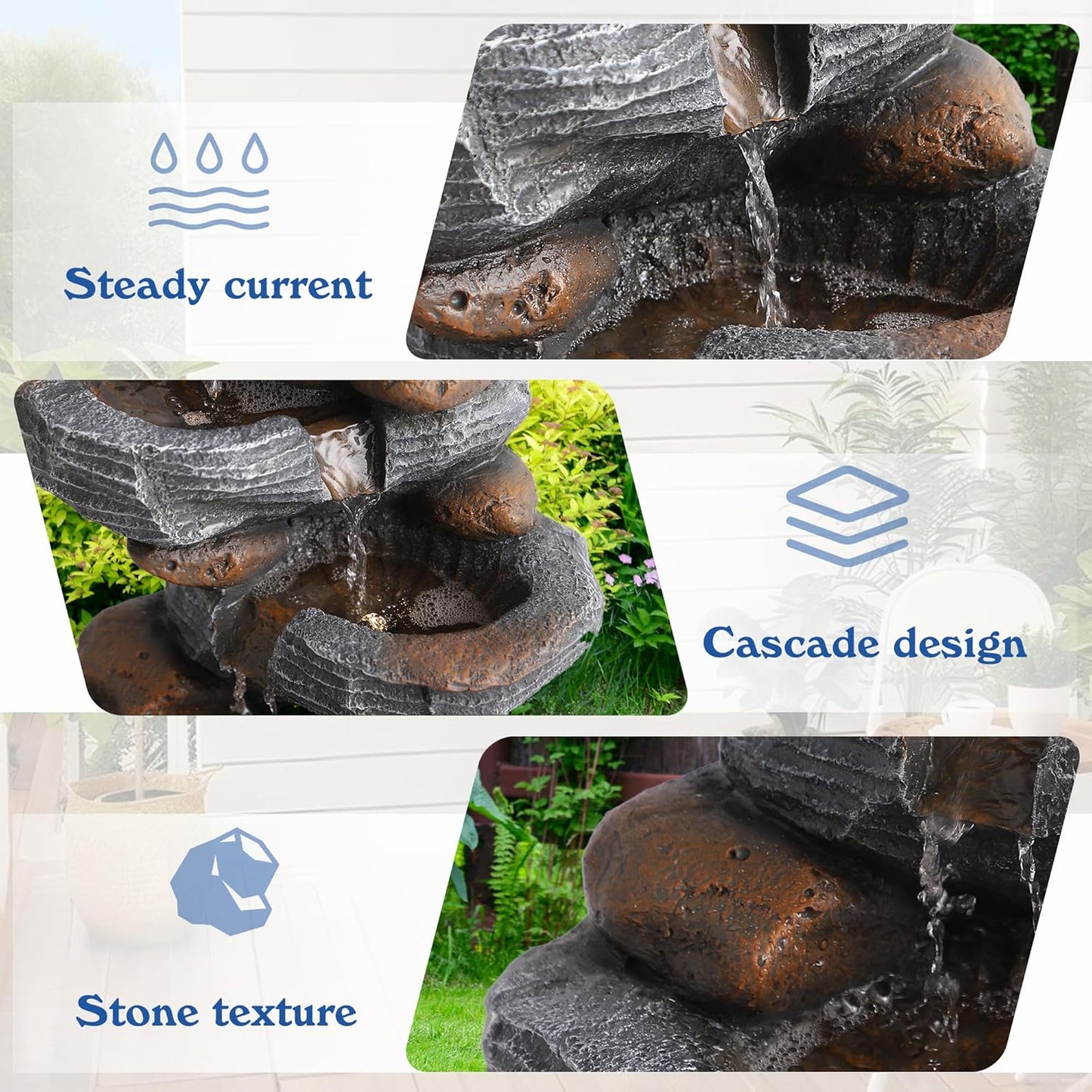 5-Tiers Cascading Rock Water Fountain Outdoor - Waterfalls Fountains with LED Lights, Outdoor/Indoor Resin Water Feature Fountain for Patio, Garden, Backyard, Deck, Porch, Home Docor