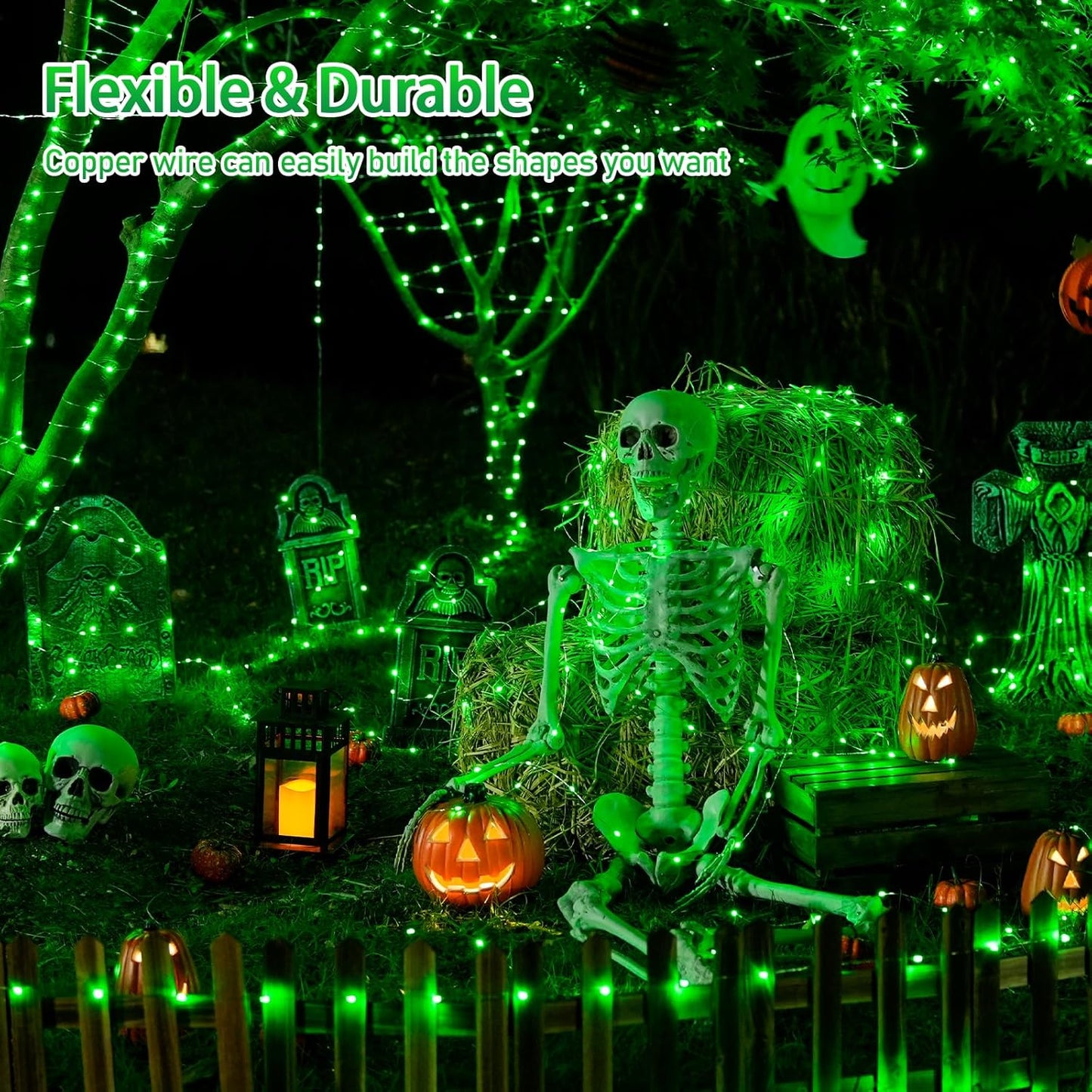 JMEXSUSS 2 Pack Green Halloween Lights, Each 33ft 100 LED Green Solar Lights Outdoor, Waterproof Solar Fairy String Light for Outside Patio Garden Party Tree Christmas Halloween Decorations