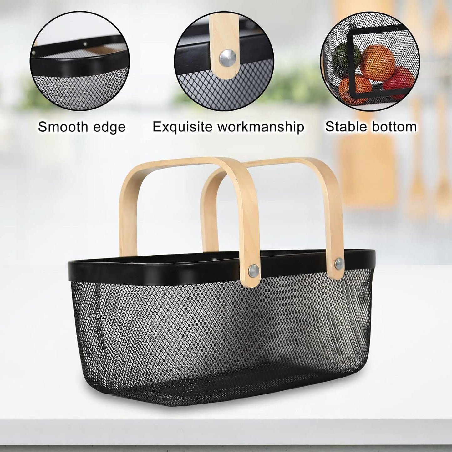 Garden Harvest Basket,Delicate Harvest Basket for Garden Vegetables,Practical Metal Mesh Wire Basket with Handle Suitable for Bathroom,Cabinet,Kitchen(Black)