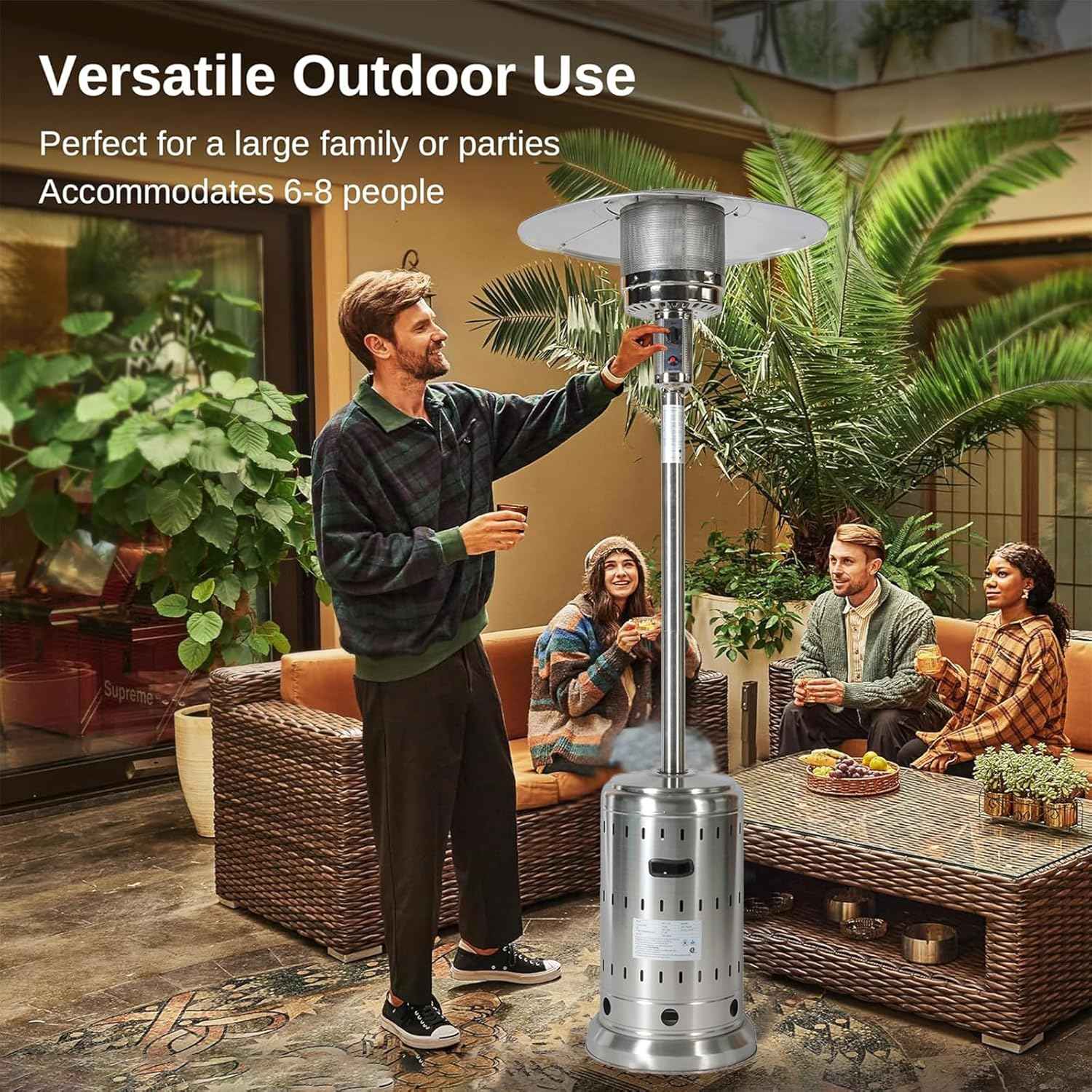 48,000 BTU Patio Heater for Outdoor Use with Wheels and Cover, Outdoor Stainless Steel Burner for Garden Commercial Residential, High Power Propane Heater, Triple Protection System
