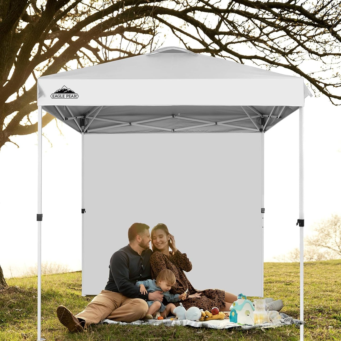 EAGLE PEAK Pop Up Canopy Tent with 1 Sidewall, Easy Setup Event Tent, Outdoor Sun Shade, Wheeled Carry Bag, Stakes and Guy Ropes, Instant Canopy 6.6x6.6, White